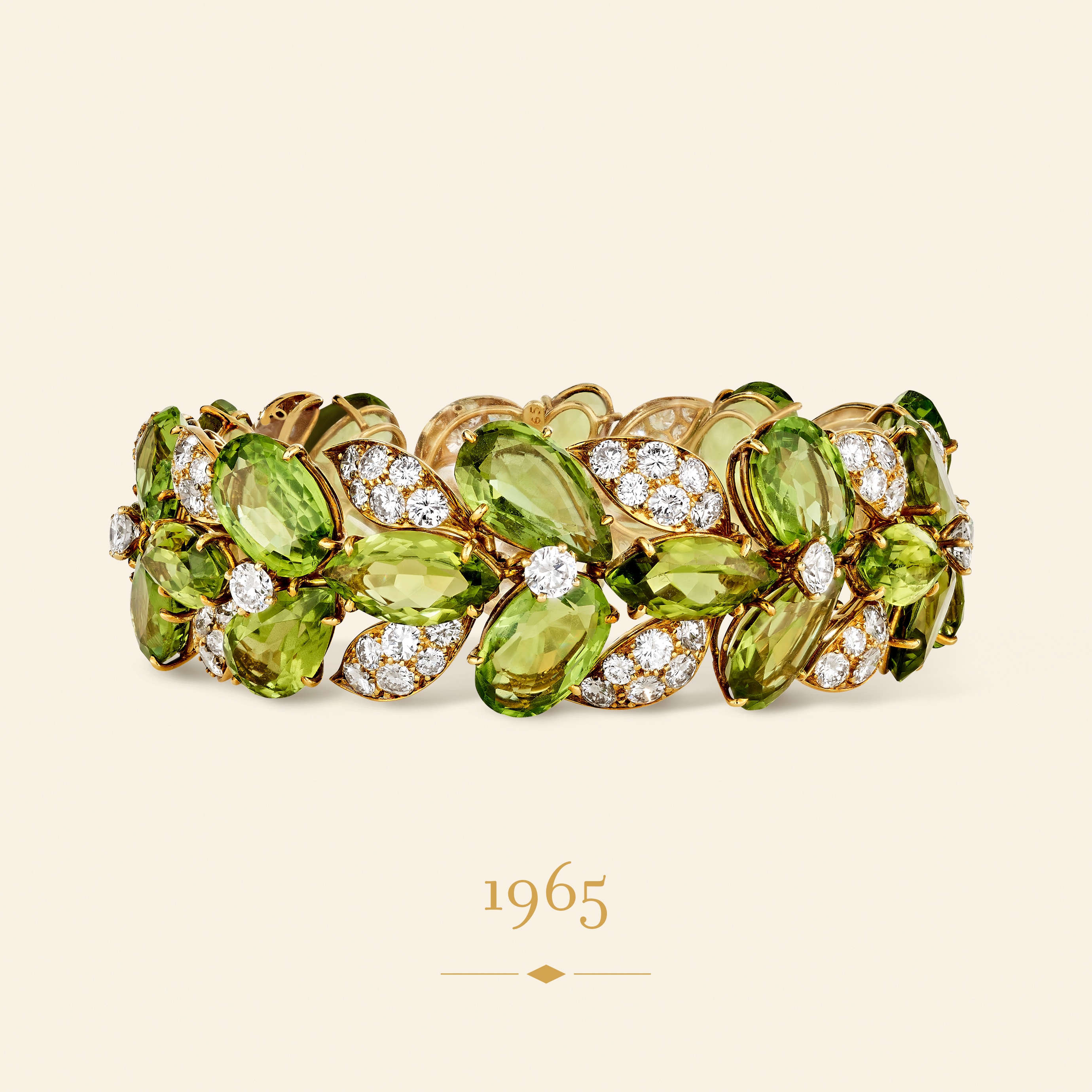Bracelet, 1965. Yellow gold, white gold, peridots, diamonds. Van Cleef & Arpels Collection