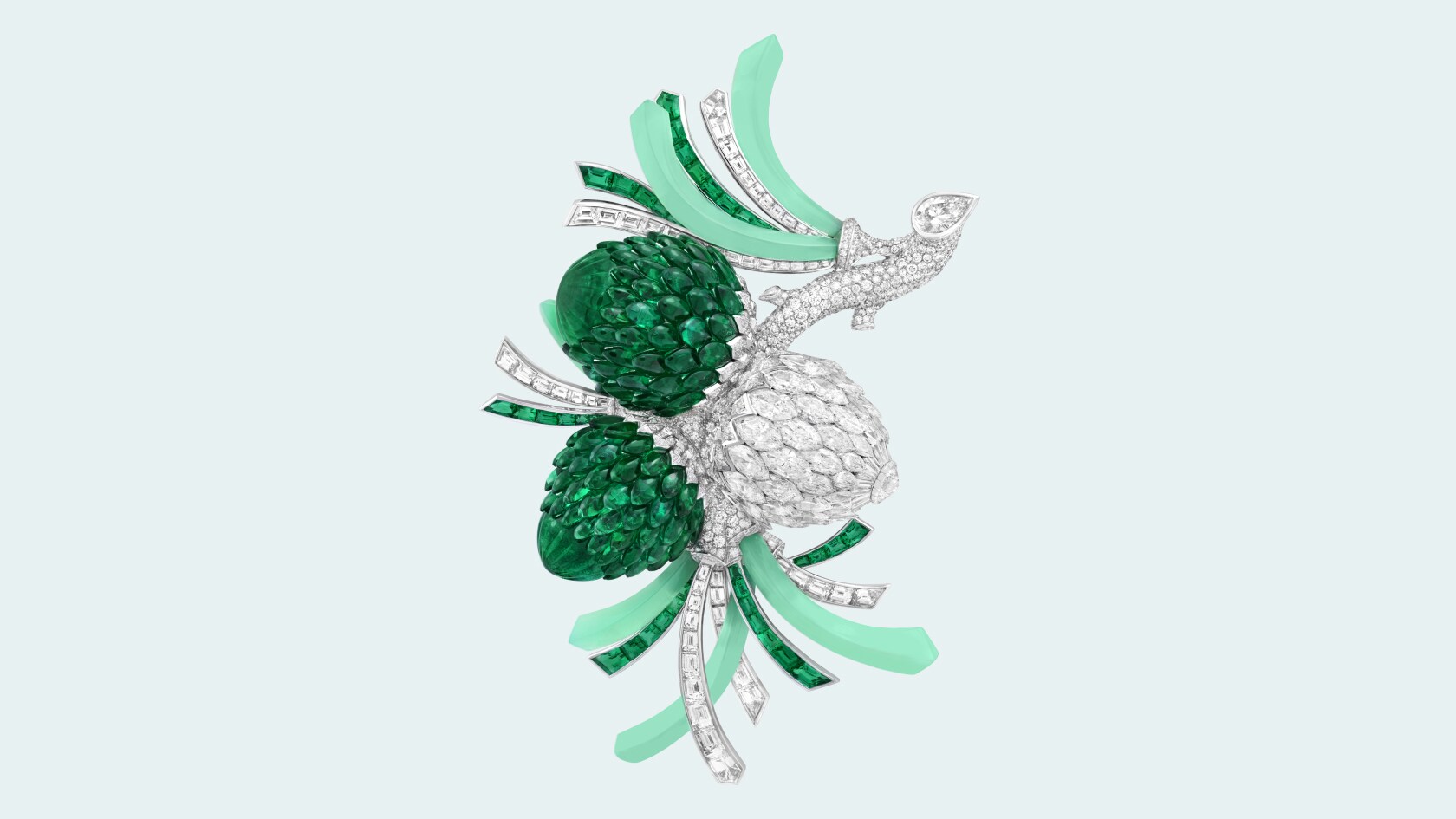 Pomme de Pin clip, white gold, rose gold, buff-topped Navette Mystery Set emeralds, Navette Mystery Set diamonds, emeralds, chrysoprase, diamonds. Collection, Van Cleef et Arpels. Quatres contes de Grimm collection, Van Cleef & Arpels.