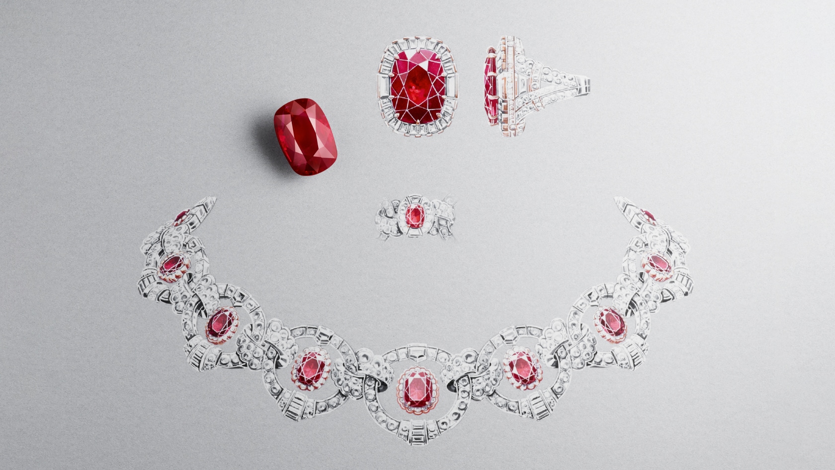 Rubis flamboyant可转换式项链及戒指，白K金，玫瑰金，一颗25.76克拉的枕形切割红宝石（产地：缅甸），18颗总重30.40克拉的椭圆形切割和枕形切割红宝石（产地：缅甸），一颗3.09克拉的椭圆形切割DFL级钻石，红宝石，钻石，Treasure of rubies红宝石珍藏高级珠宝系列，Van Cleef & Arpels梵克雅宝