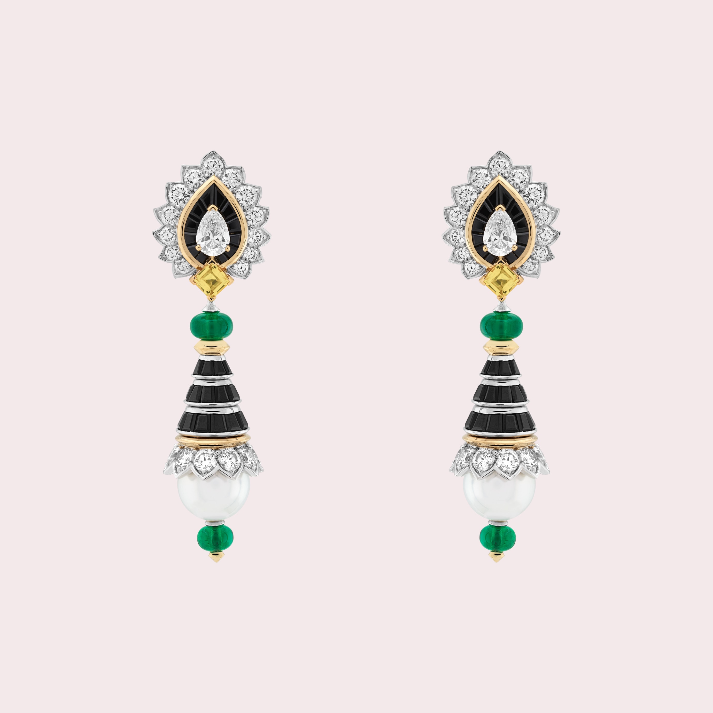 Balletti耳环及可拆式吊坠,白K金,黄K金,祖母绿,黄色蓝宝石,黑色尖晶石,白色养殖珍珠,钻石,Romeo & Juliet系列,Van Cleef & Arpels梵克雅宝