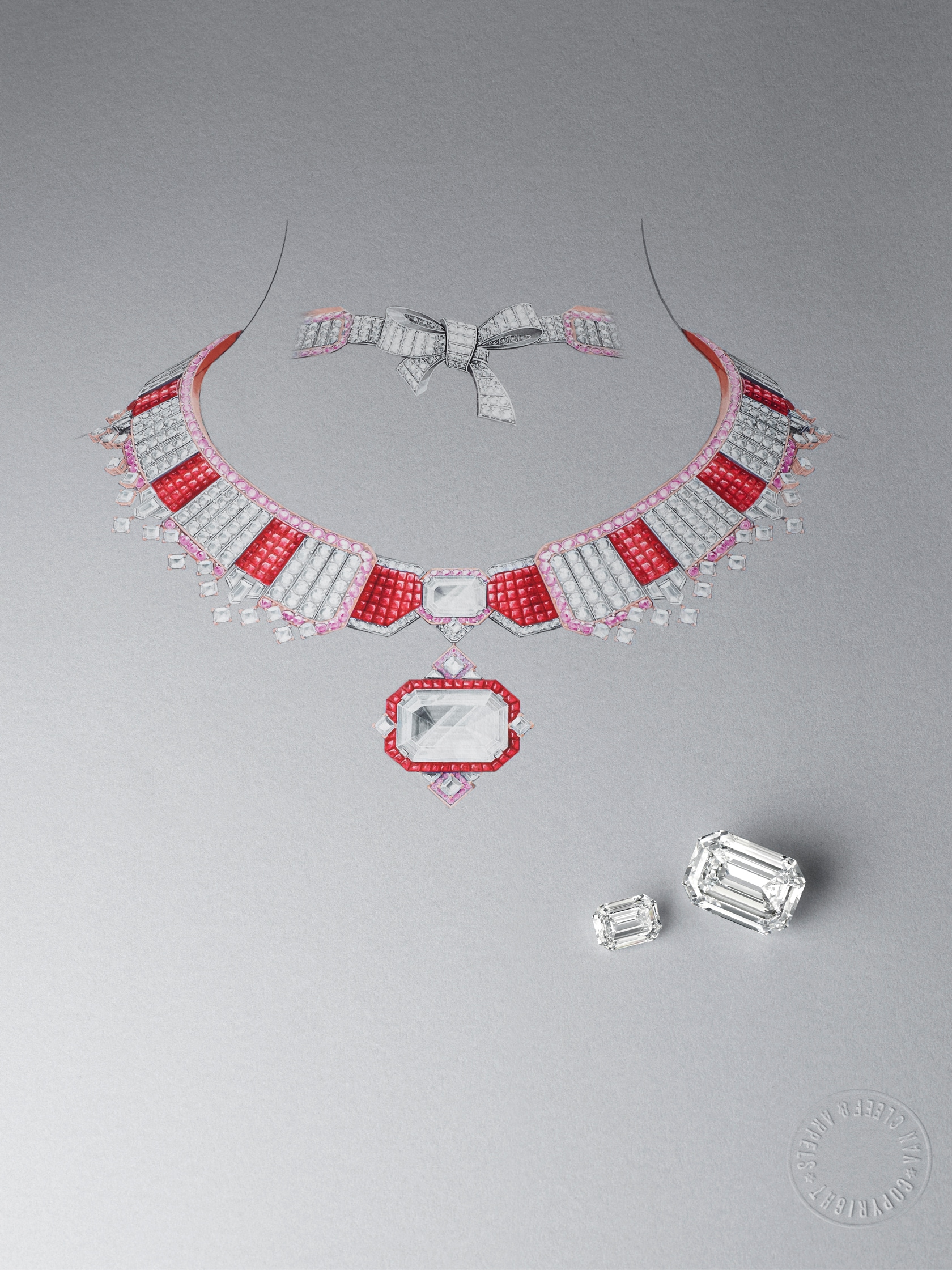 Colerette Mystérieuse necklace, emeraude cut diamond, 25 Mystery Set collection, gouaché, Van Cleef & Arpels