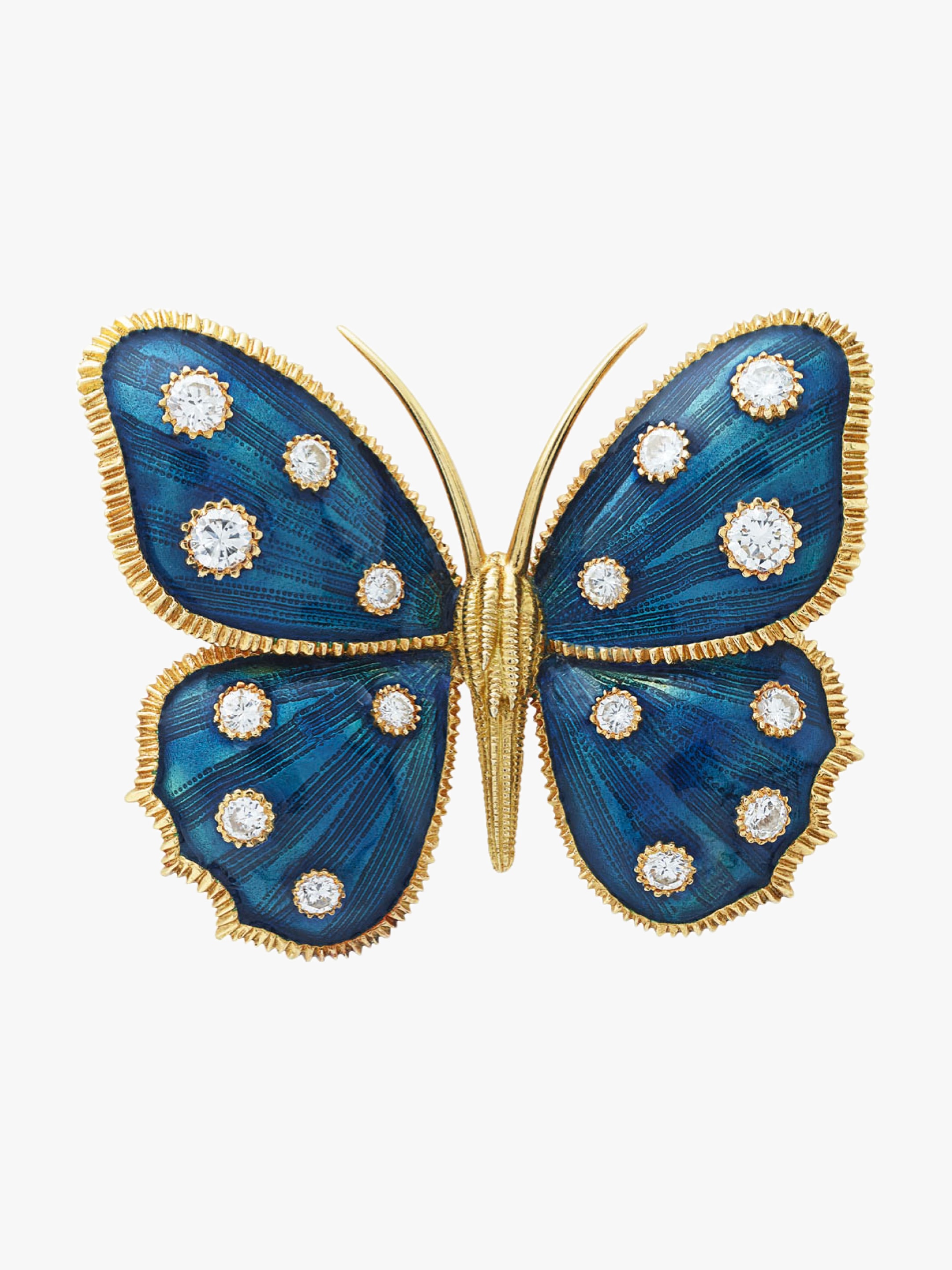Papillon de nuit clip, 1966. 18K yellow gold, 18K white gold, enamel, diamonds. Van Cleef & Arpels Collection.