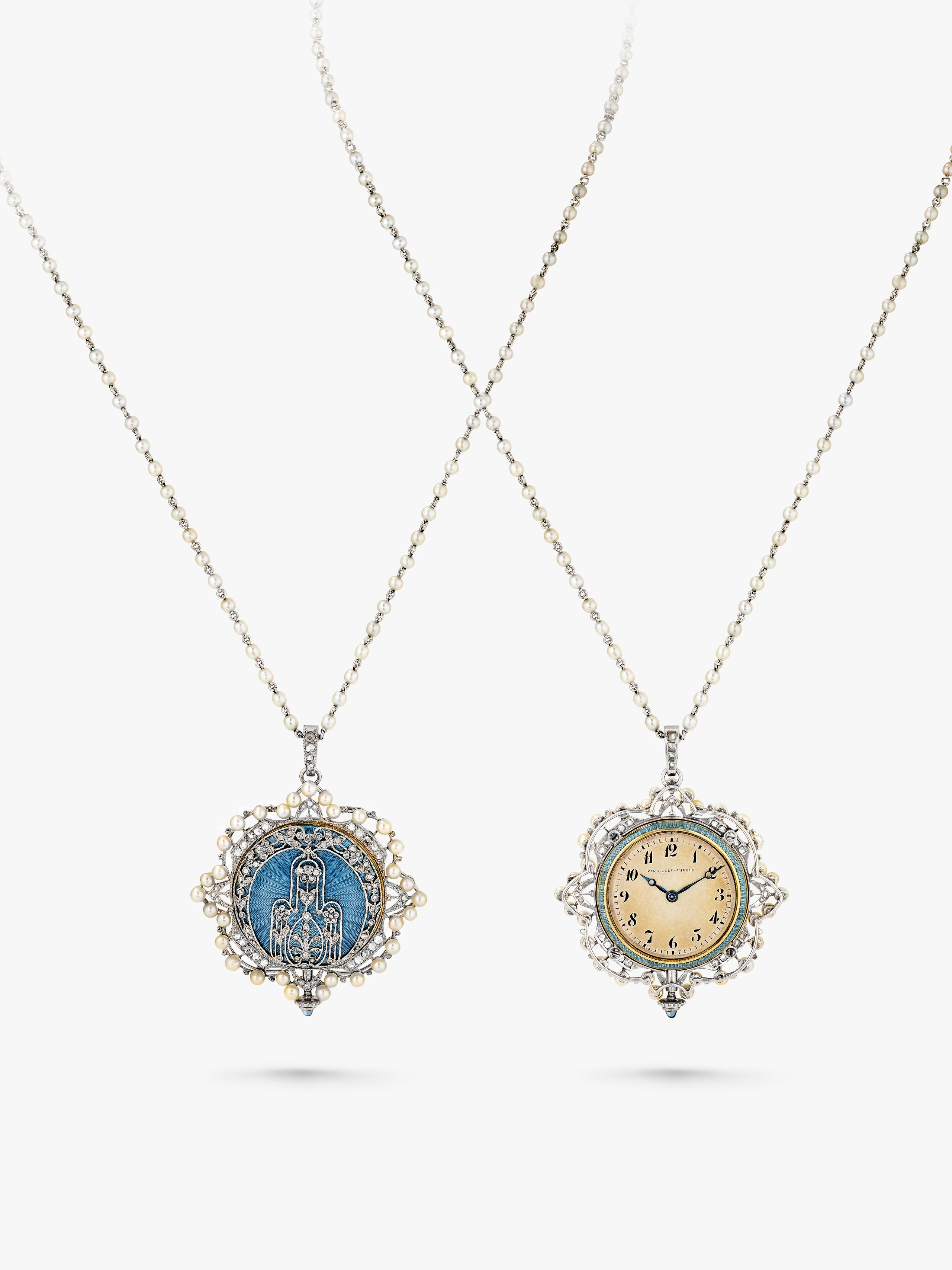 Watch pendant, platinum guilloché with translucent enamel, pearls and diamonds, Van Cleef & Arpels.