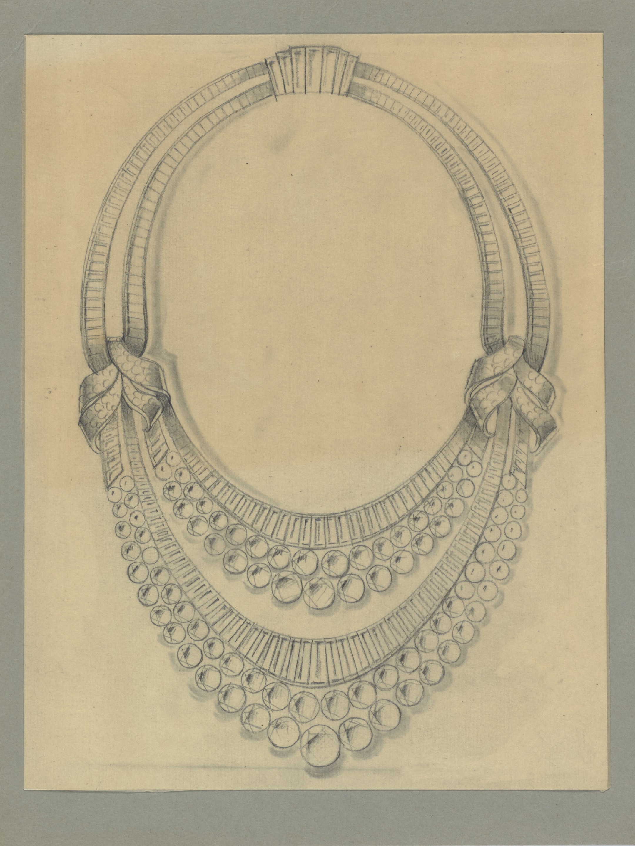 埃及法丝娅（Fawzia）公主婚礼时佩戴的项链的设计图，约1939年。Van Cleef & Arpels梵克雅宝档案。