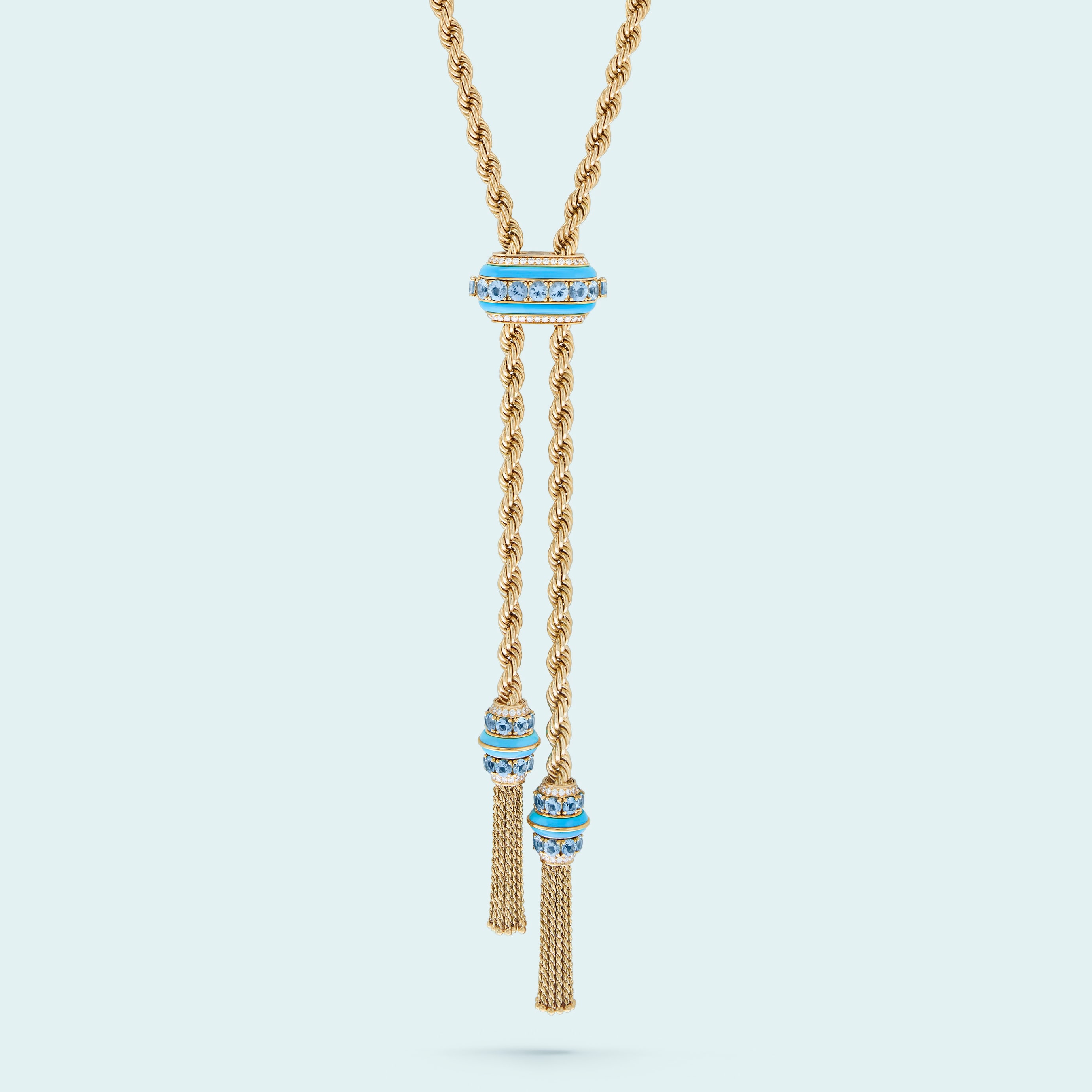 Liane™ long necklace, 18K yellow gold, aquamarines, turquoise, diamonds. Collection Liane™, Van Cleef & Arpels.