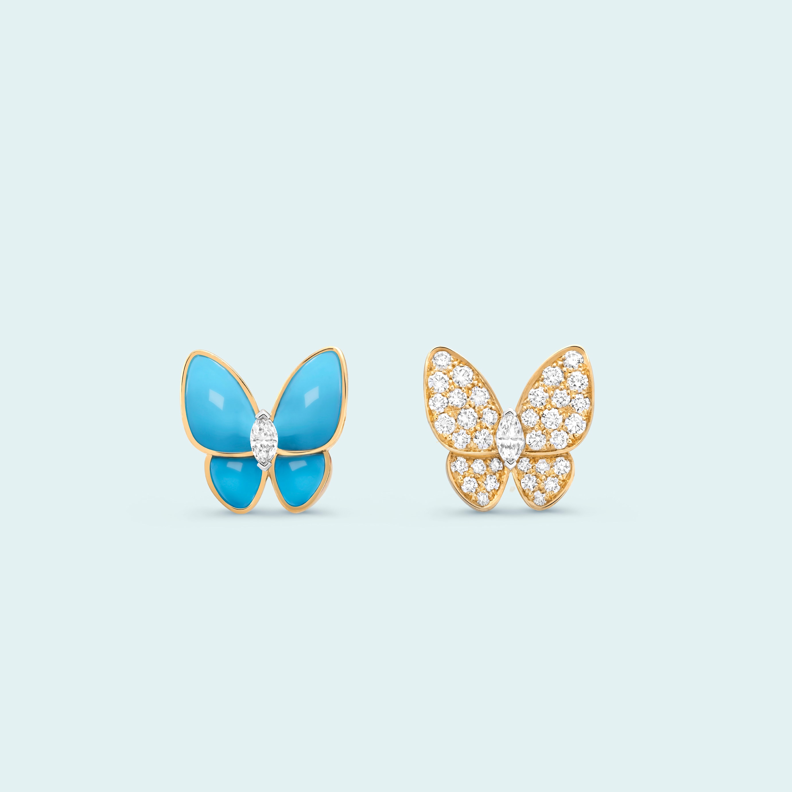 Two Butterfly earrings, 18K yellow gold, 18K white gold, turquoise, diamonds. Two Butterfly collection, Van Cleef & Arpels.