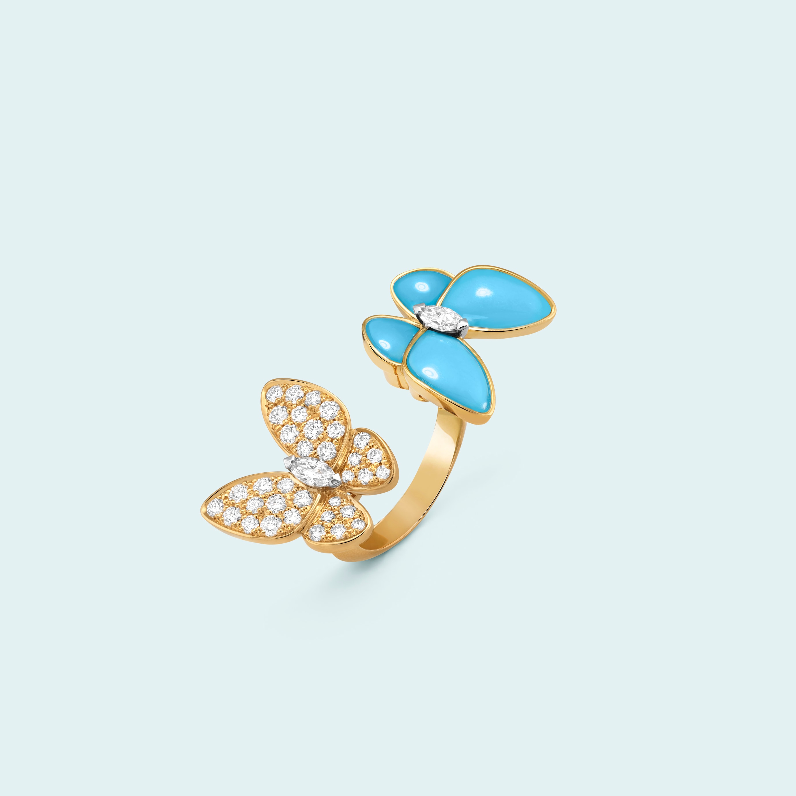 Two Butterfly Between the Finger ring, 18K yellow gold, 18K white gold, turquoise, diamonds. Two Butterfly collection, Van Cleef & Arpels.