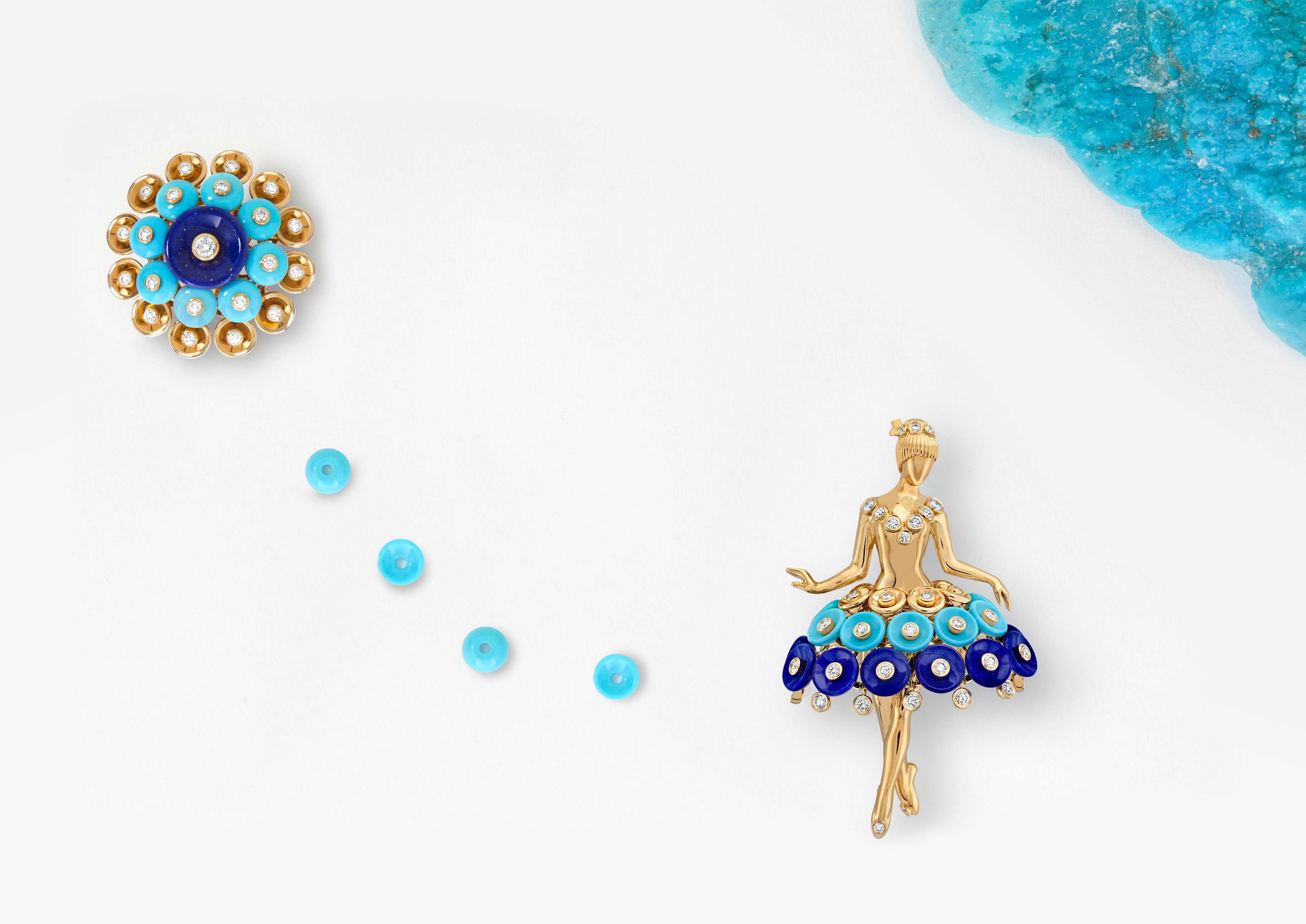 Bouton d'or ring and ballerina clip, 18K yellow gold, lapis lazuli, turquoise, diamonds. Bouton d'or collectiQ10:Q11on, Van Cleef & Arpels.