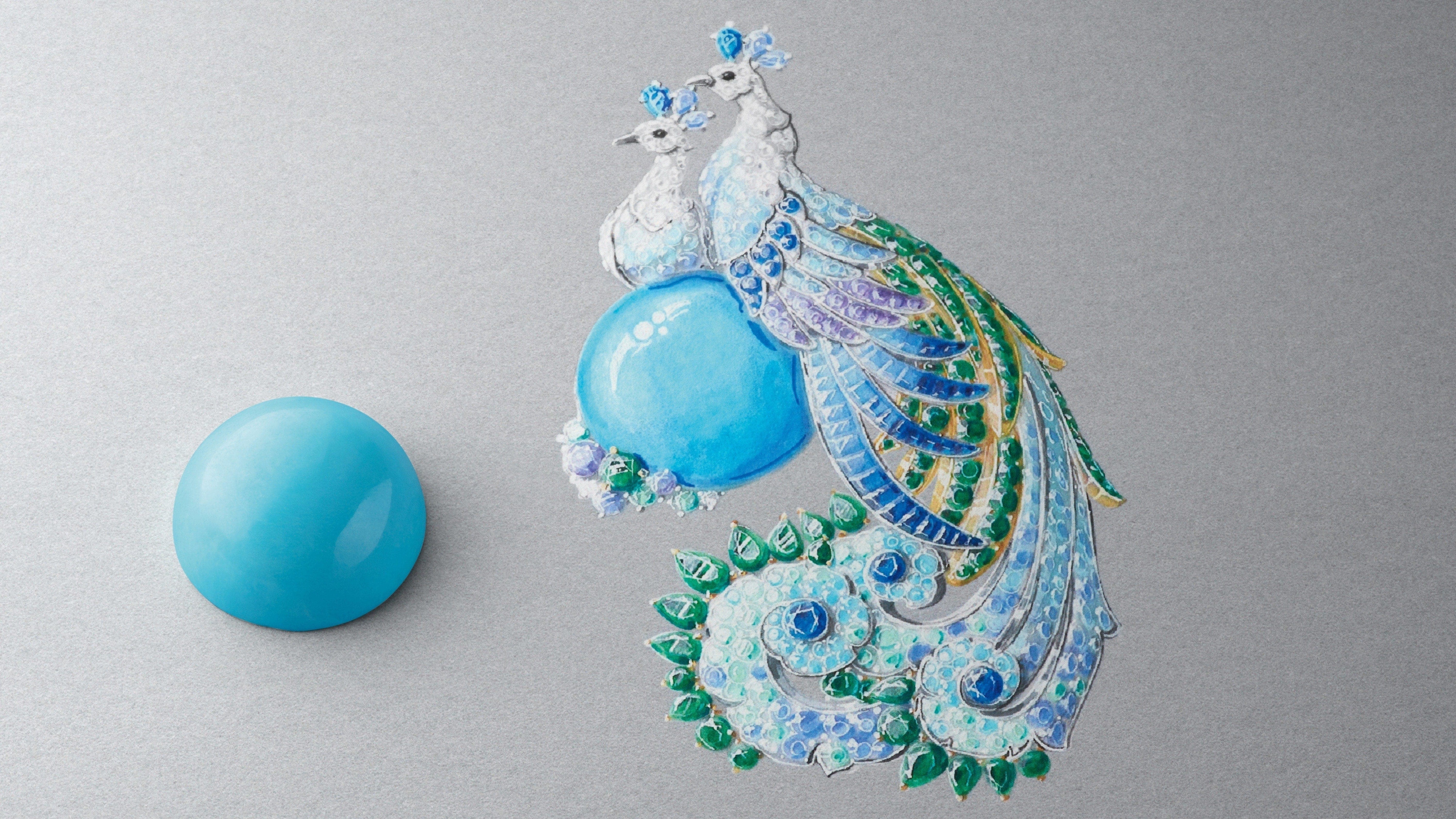 Cabochon-cut turquoise shown on the gouaché design of the Paons clip, Van Cleef & Arpels
