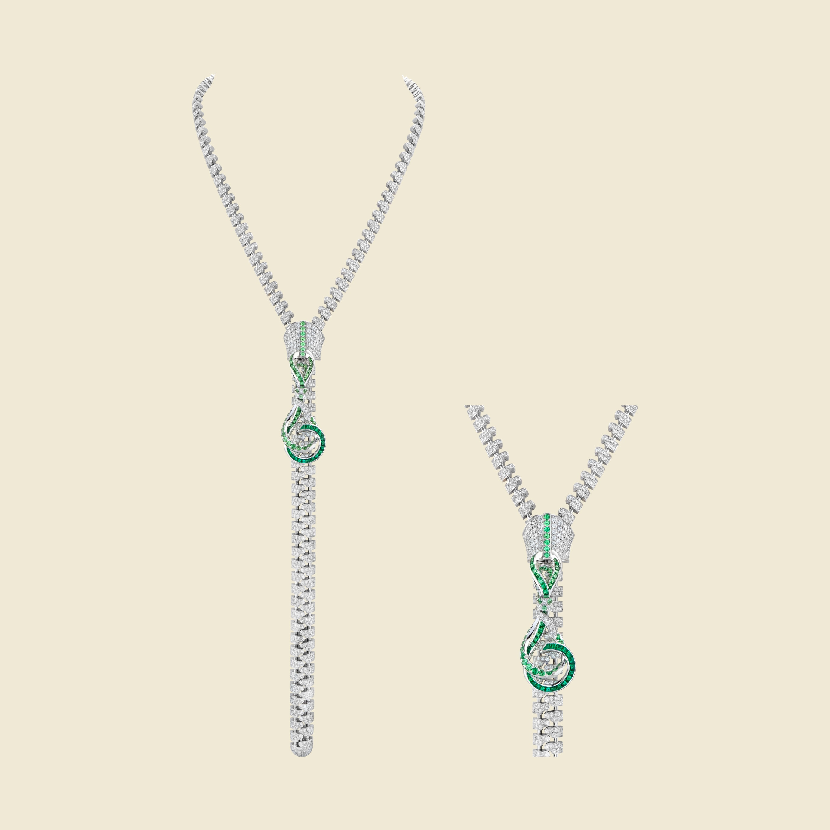 Zip Couture delicate ribbon necklace, 2019, White gold, emeralds, tsavorite garnets, diamonds, Zip collection, Van Cleef & Arpels