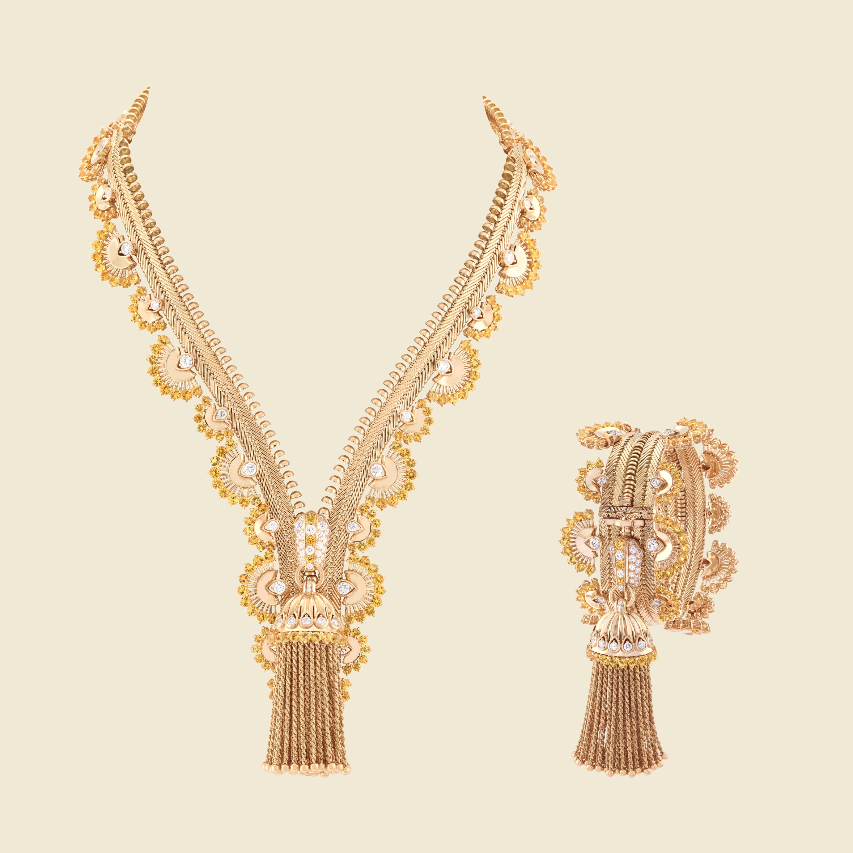 Zip Antique Rayon necklace transformable into a bracelet, 2018, Yellow gold, yellow sapphires, diamonds, Zip collection, Van Cleef & Arpels