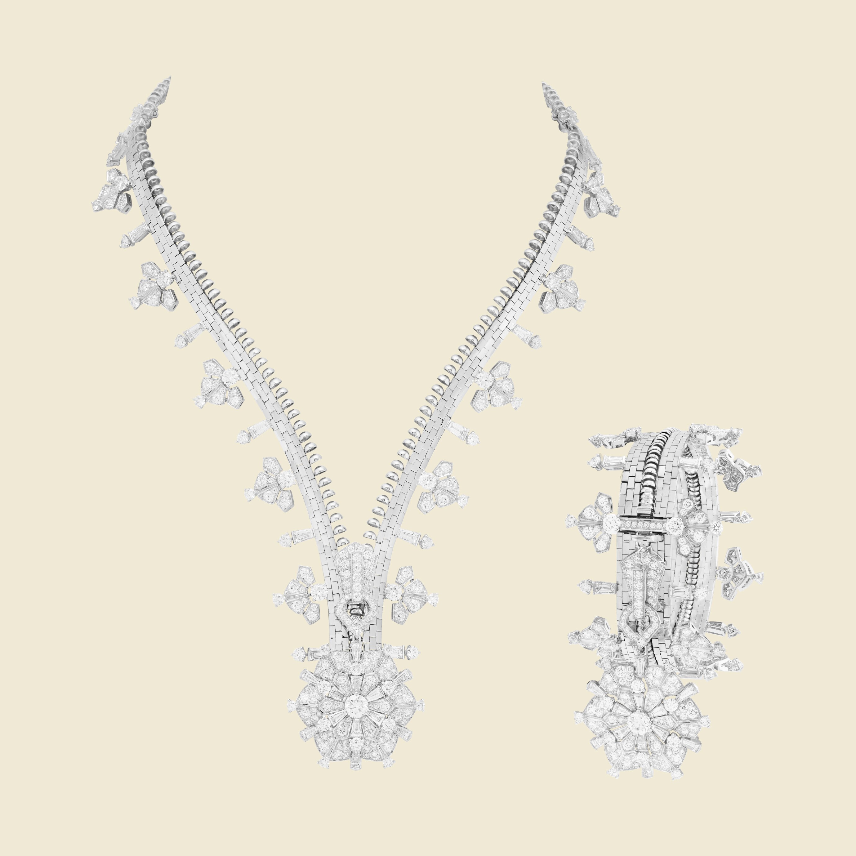 Zip Antique Origami necklace transformable into a bracelet, 2017, White gold, diamonds. Zip collection, Van Cleef & Arpels