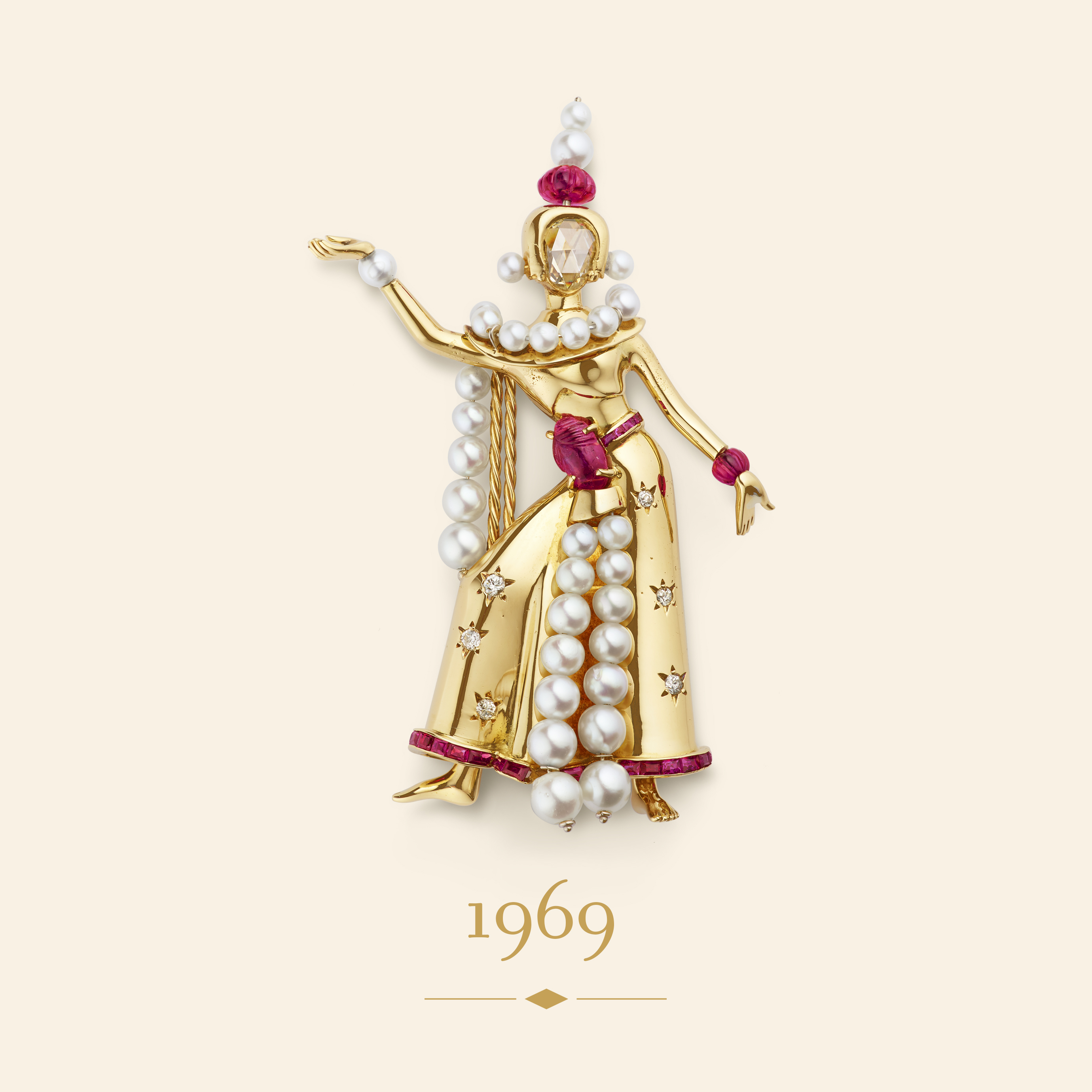 Balinese dancer clip, 1969. Yellow gold, white gold, rubies, white pearls, diamonds. Van Cleef & Arpels collection.