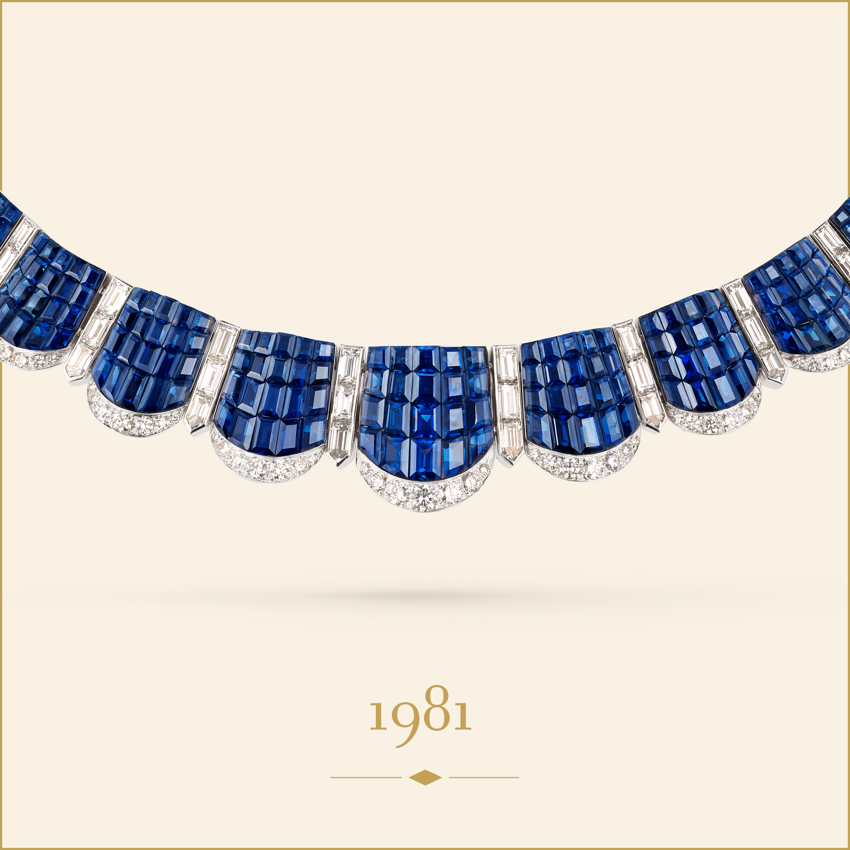 Everest necklace, 1981. Platinum, yellow gold, Mystery Set sapphires, diamonds. Van Cleef & Arpels collection.