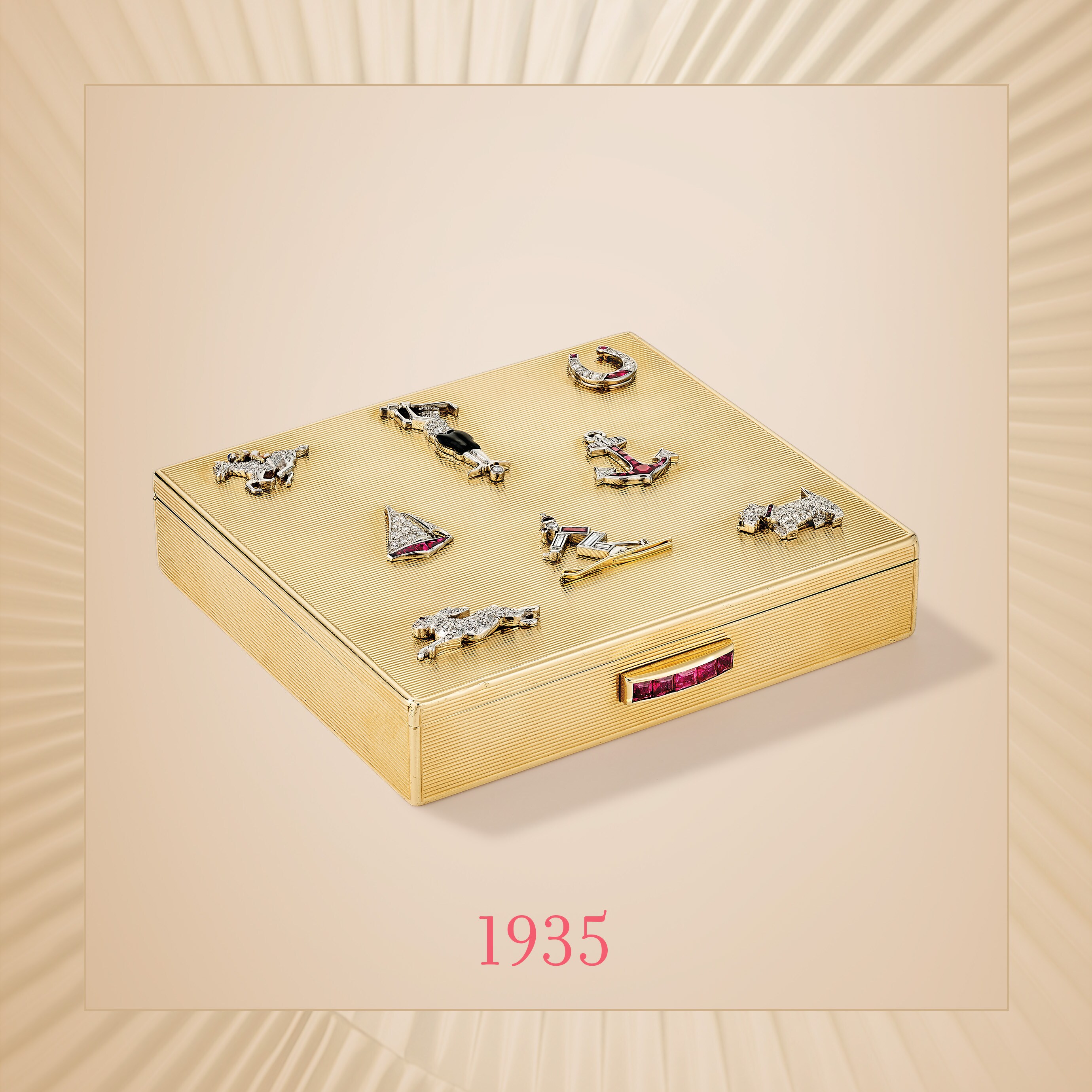 Charms cigarette case, circa 1935. 18K yellow gold, 18K white gold, rubies, enamel, diamonds. Van Cleef & Arpels Collection.