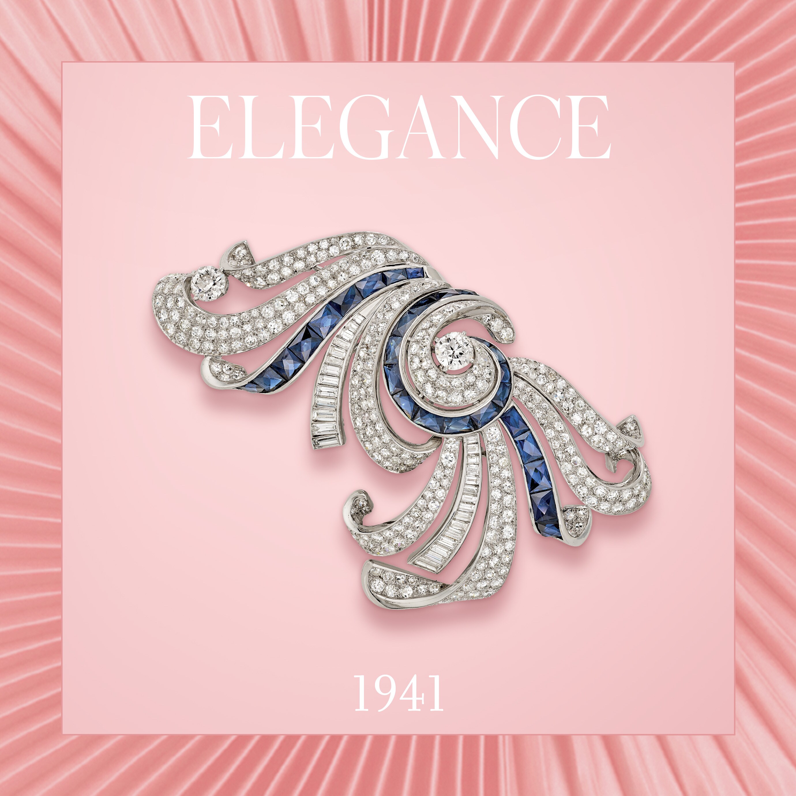 Double clip, 1941. Detachable and transformable clip into two clips. 18K white gold, platinum, sapphires, diamonds. Van Cleef & Arpels Collection.