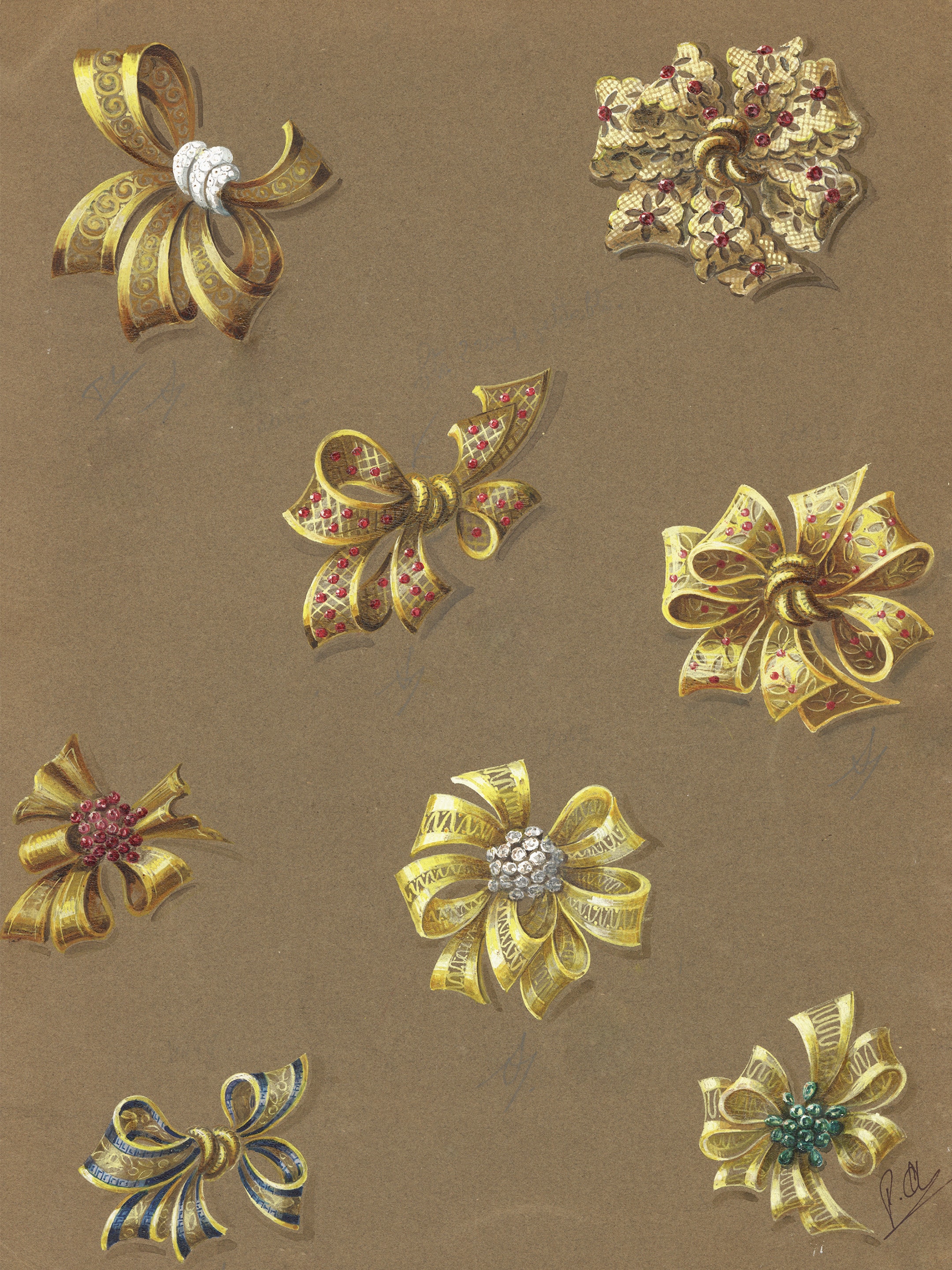 Lace clip designs, circa 1940. Van Cleef & Arpels Archives.