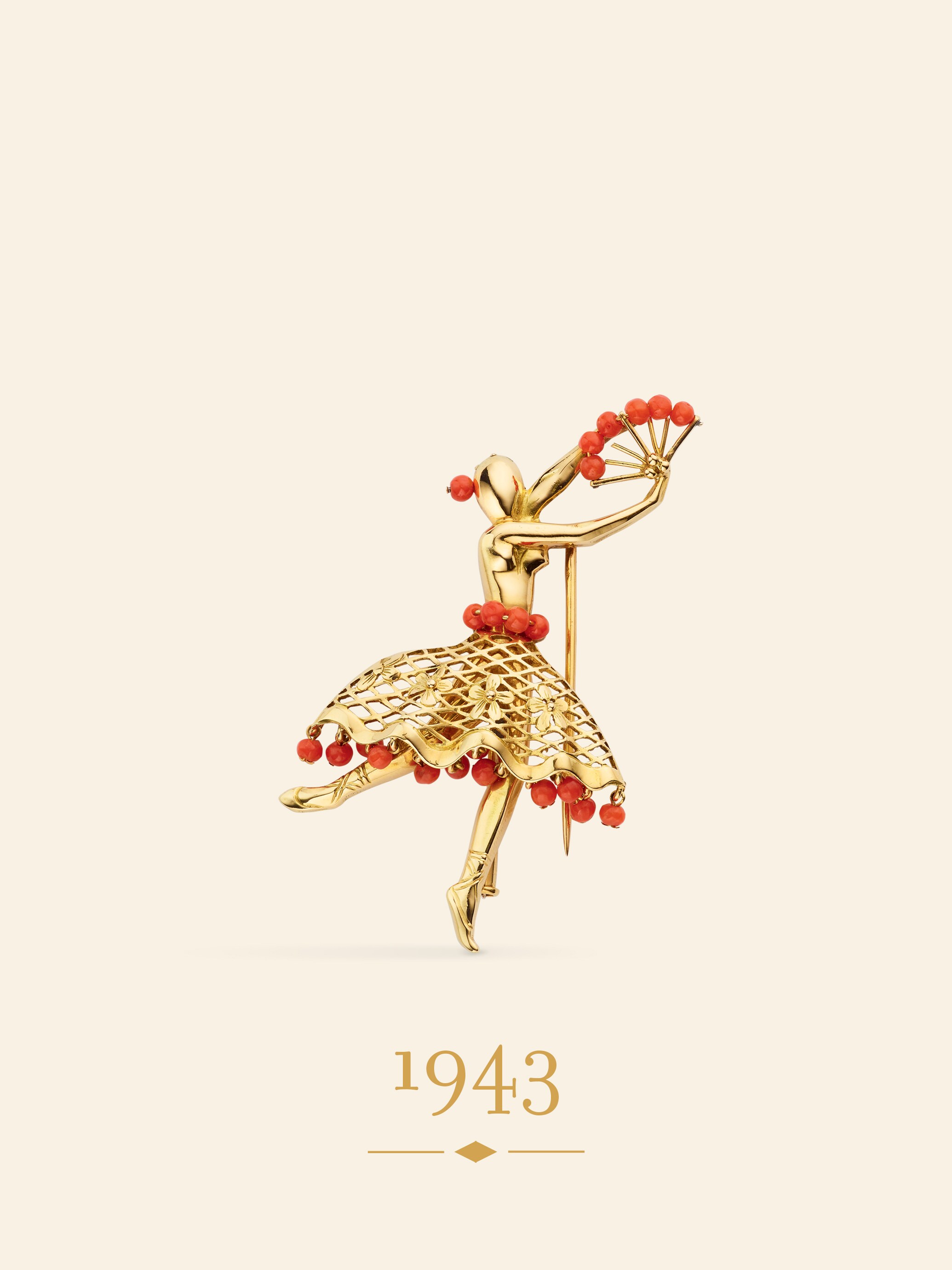 Dancer clip, 1943. Yellow gold, coral. Van Cleef & Arpels Collection.