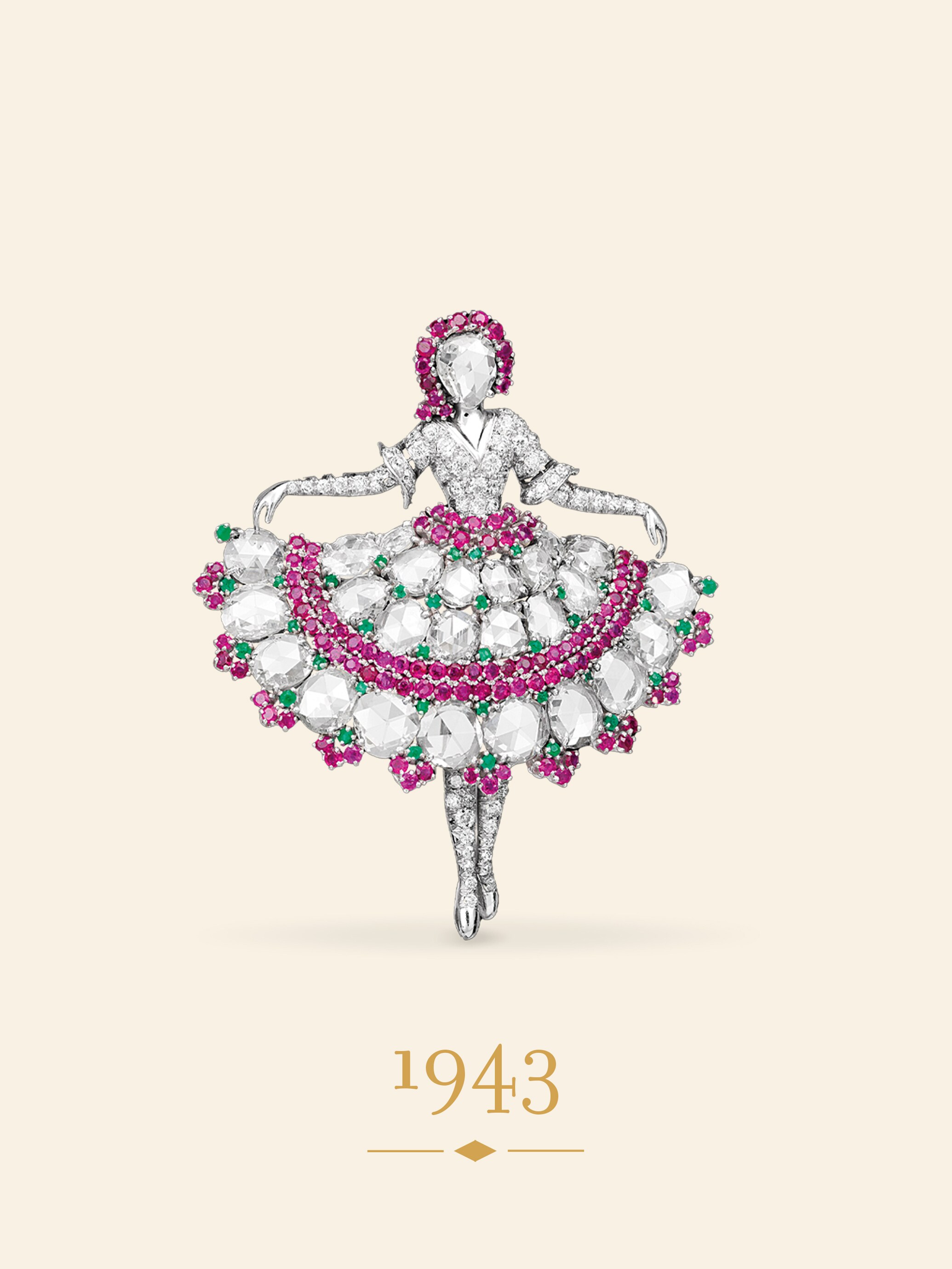 Dancer clip, 1943. Platinum, yellow gold, emeralds, rubies, diamonds. Van Cleef & Arpels Collection.