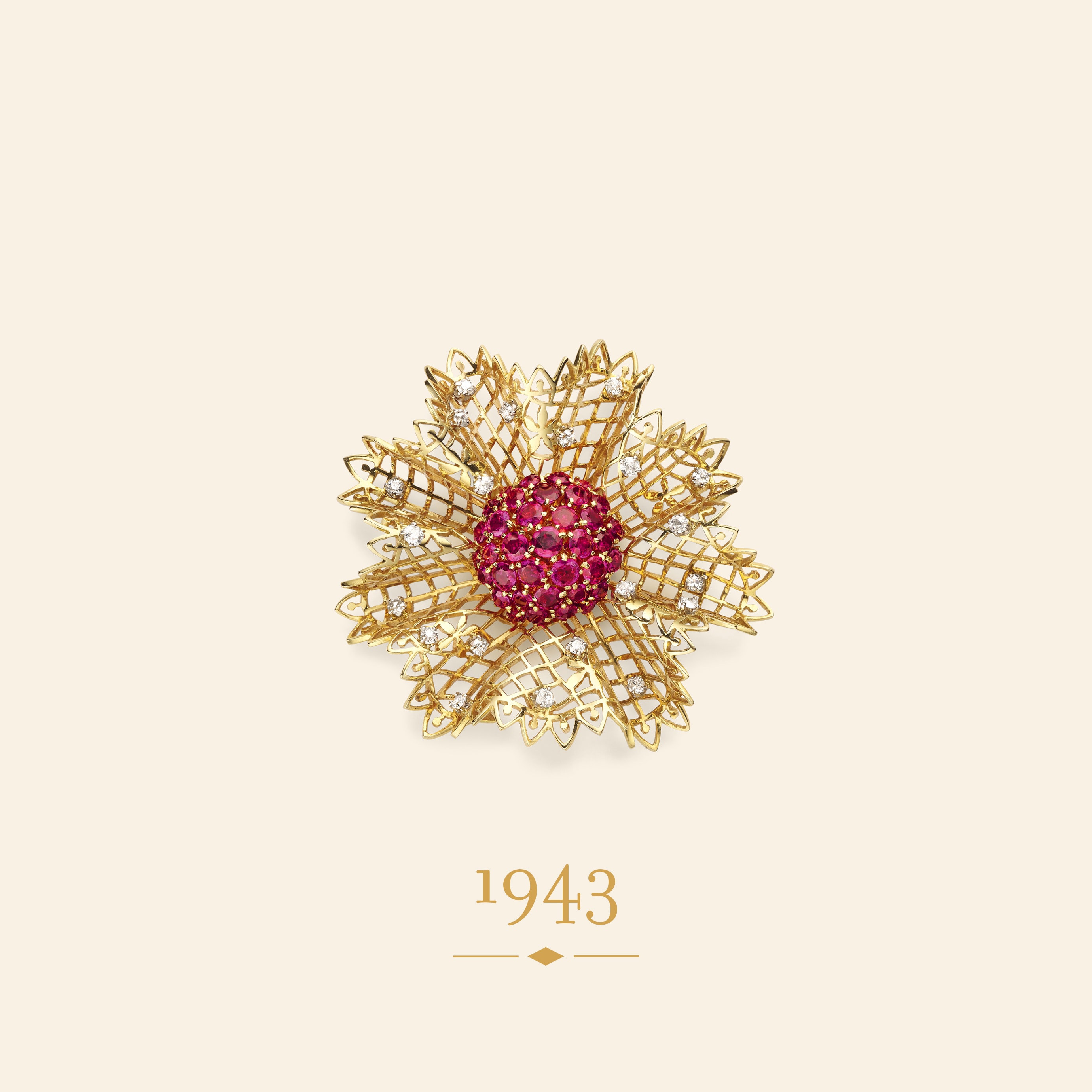 Lace clip, 1943. Yellow gold, platinum, white gold, rubies, diamonds. Van Cleef & Arpels Collection.