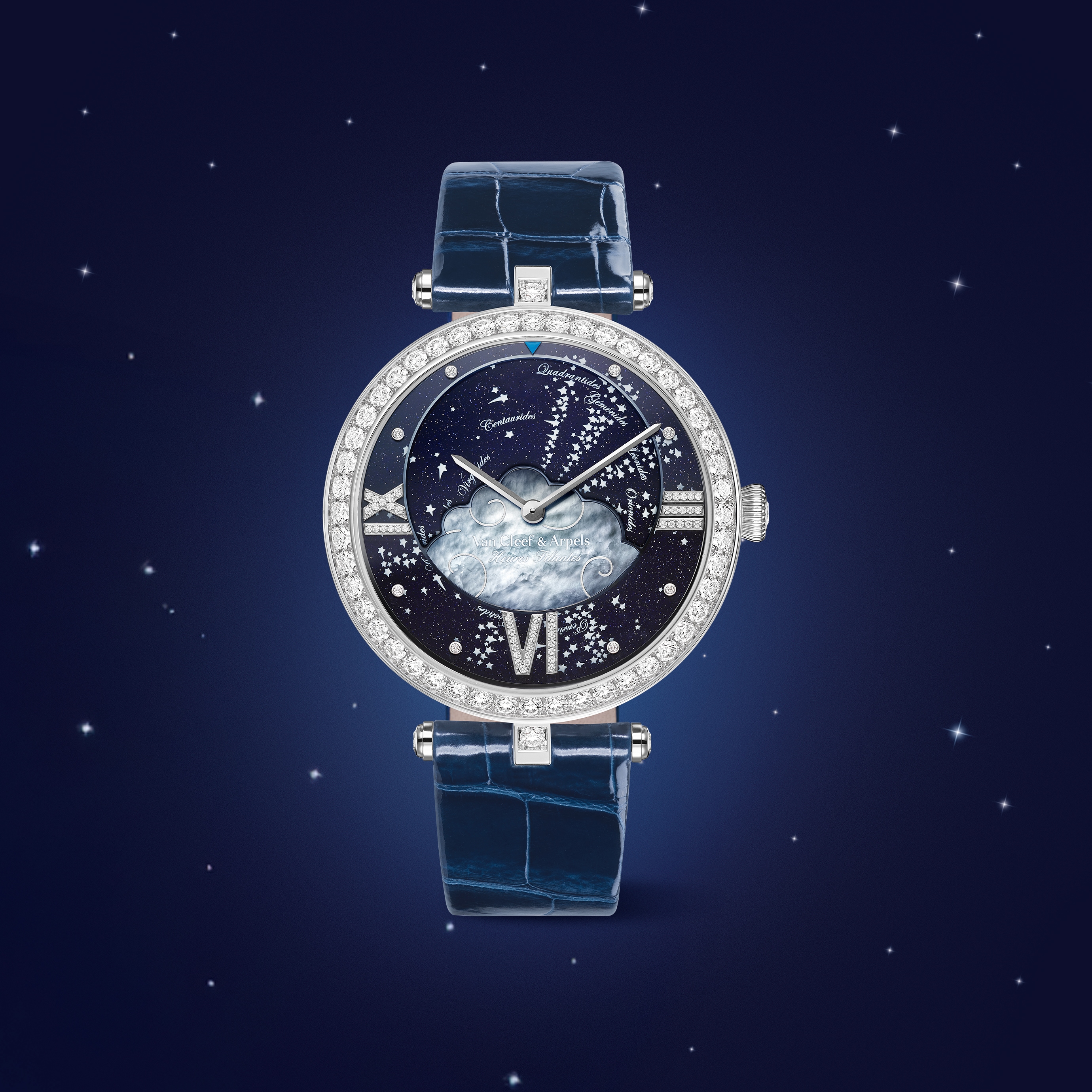 'Lady Arpels Heures Filantes watch, 2015, white gold, aventurine glass, mother-of-pearl, diamonds. Van Cleef & Arpels Collection