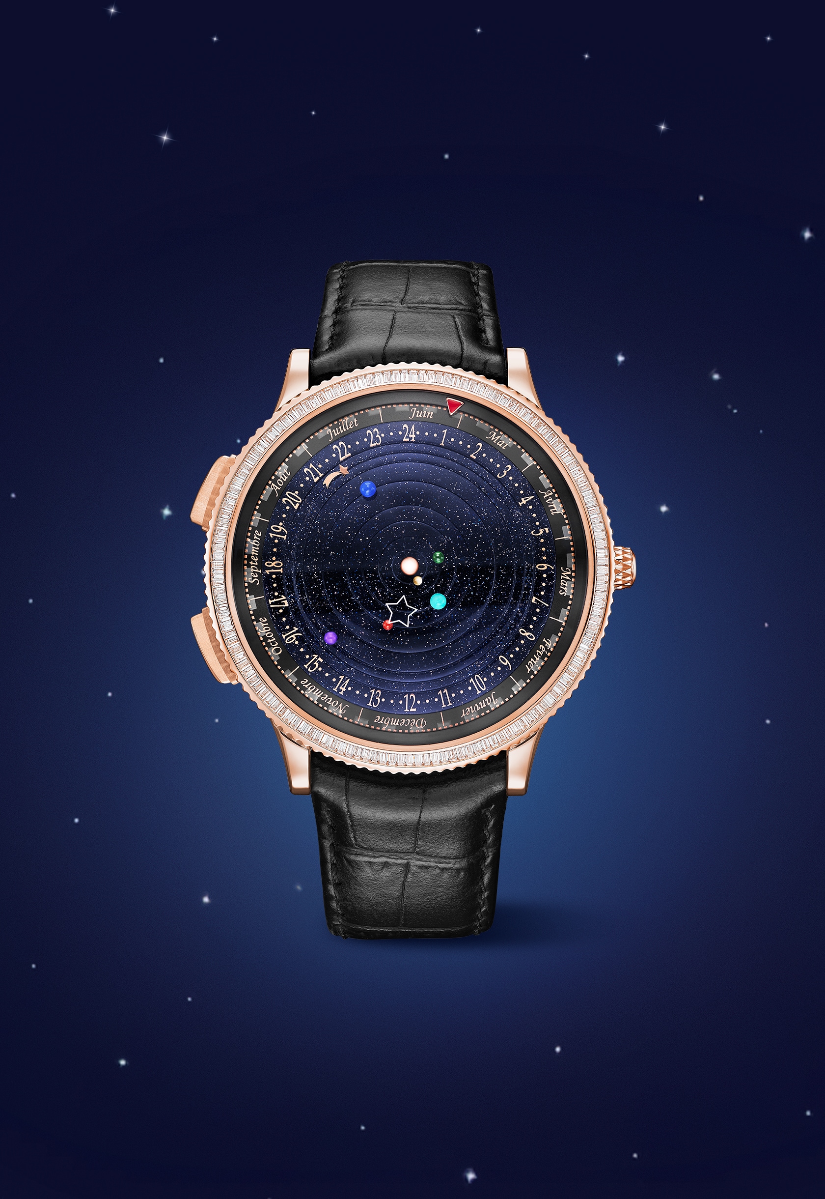 'Midnight Planétarium watch, 2012, rose gold, blue agate, aventurine glass, sugilite, turquoise, serpentine, chromelanite, jasper. Van Cleef & Arpels Collection