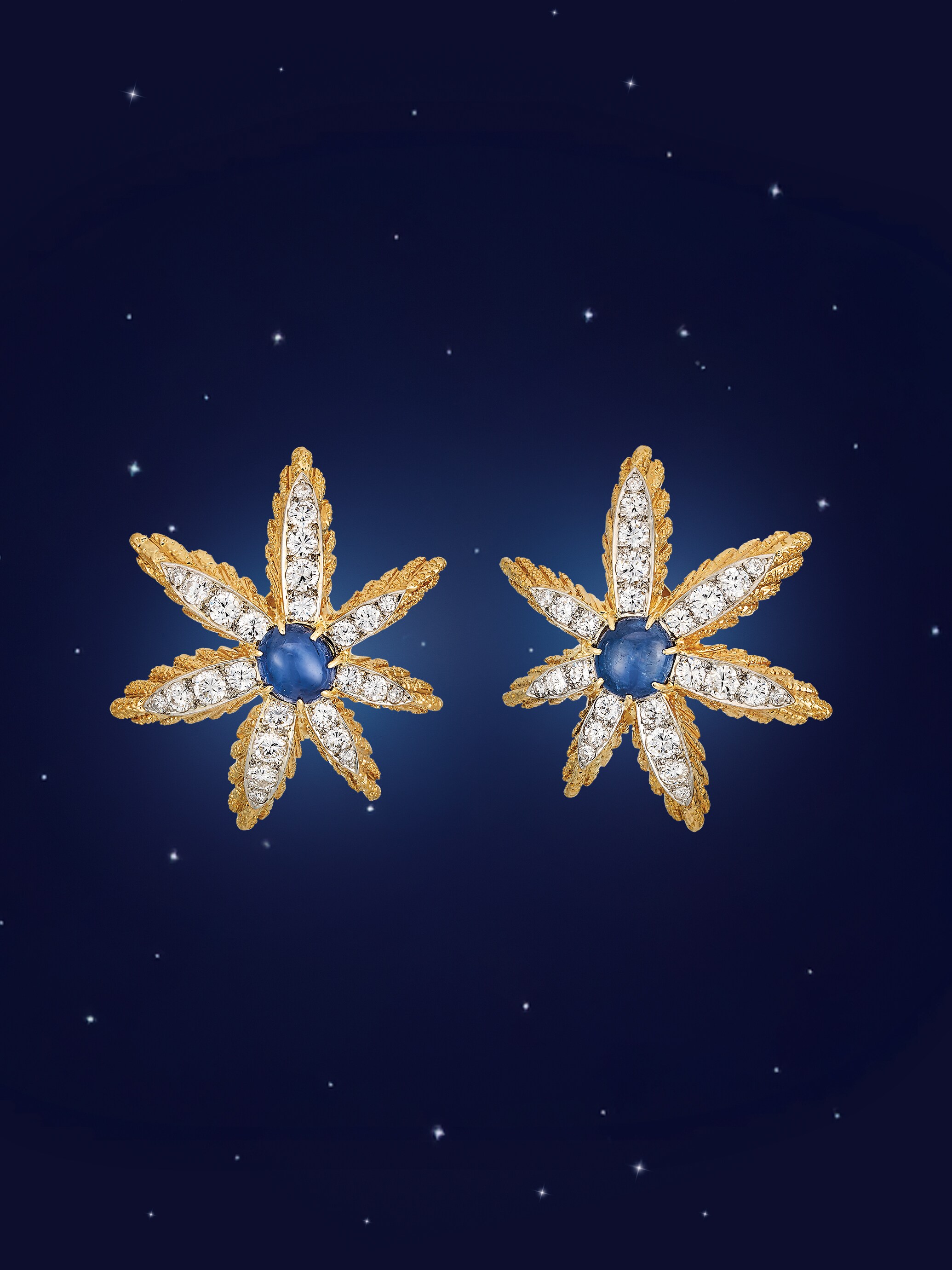 Asterisk earrings, 1967, yellow gold, platinum, sapphires, diamonds. Van Cleef & Arpels Collection