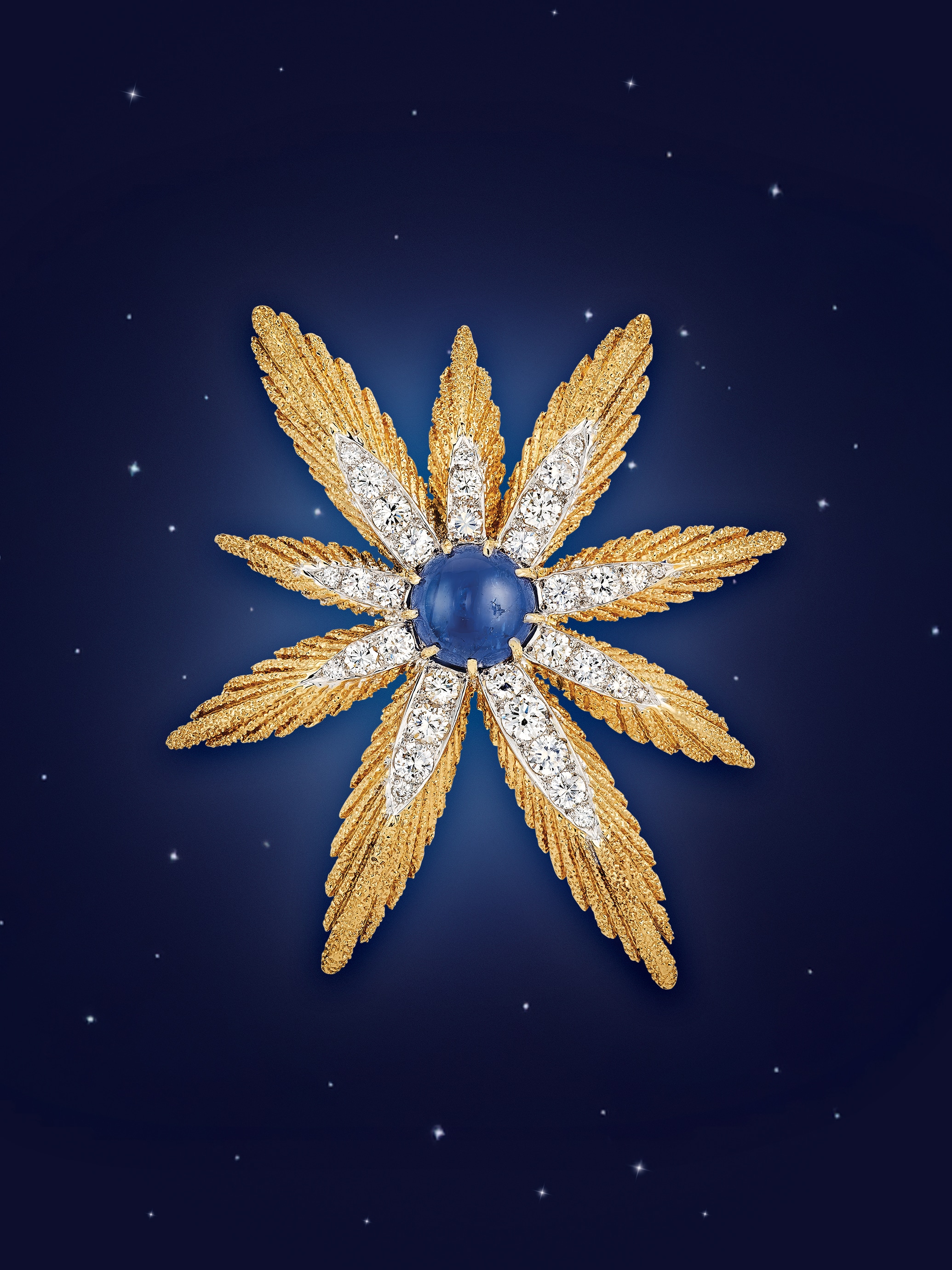 Asterisk clip, 1966, yellow gold, platinum, sapphires, diamonds. Van Cleef & Arpels Collection