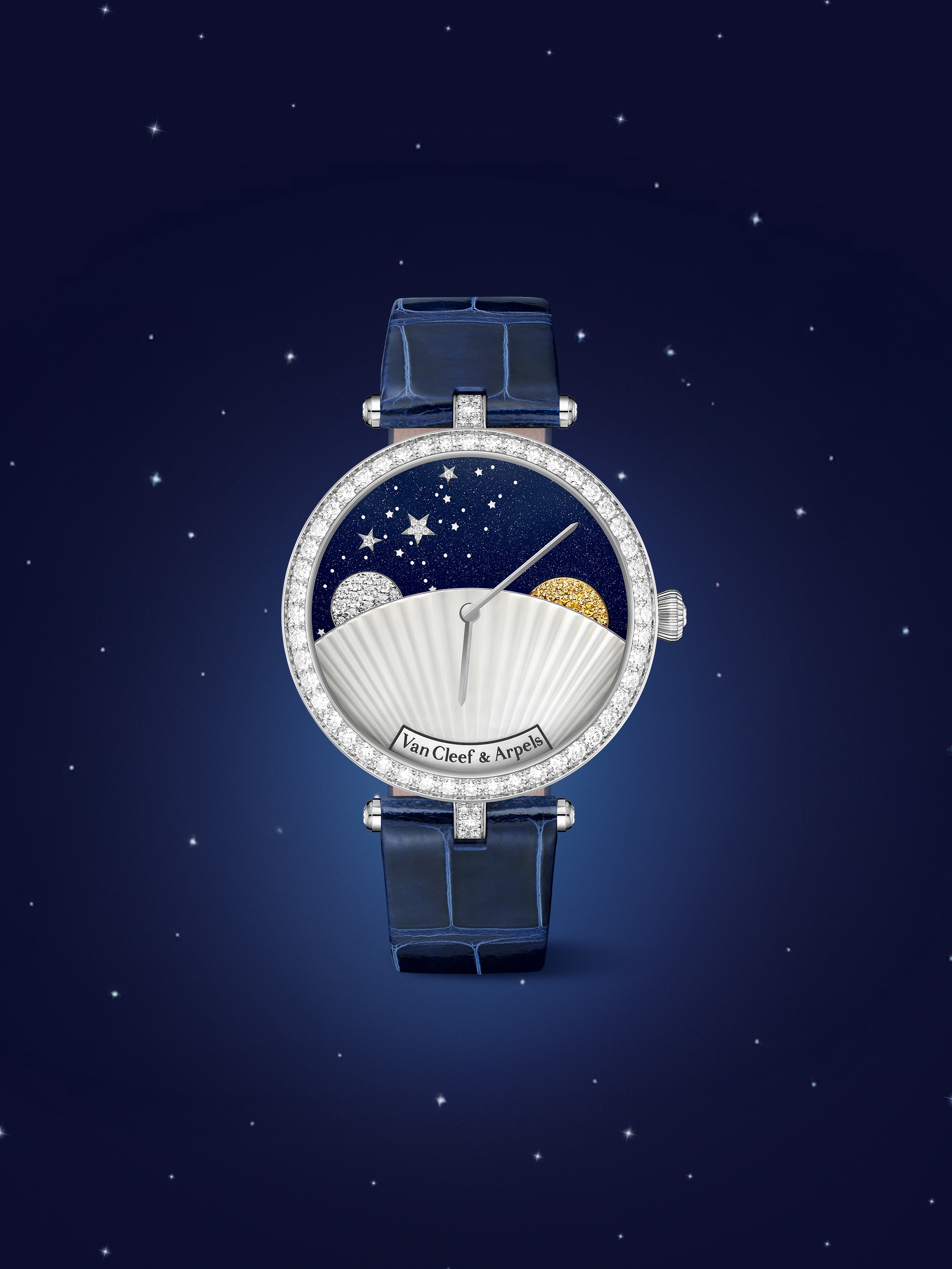 Lady Arpels Jour Nuit (Day Night) watch, 2024, white gold, yellow gold, yellow sapphires, aventurine glass, mother-of-pearl, diamonds, Poetic Complications Collection, Van Cleef & Arpels