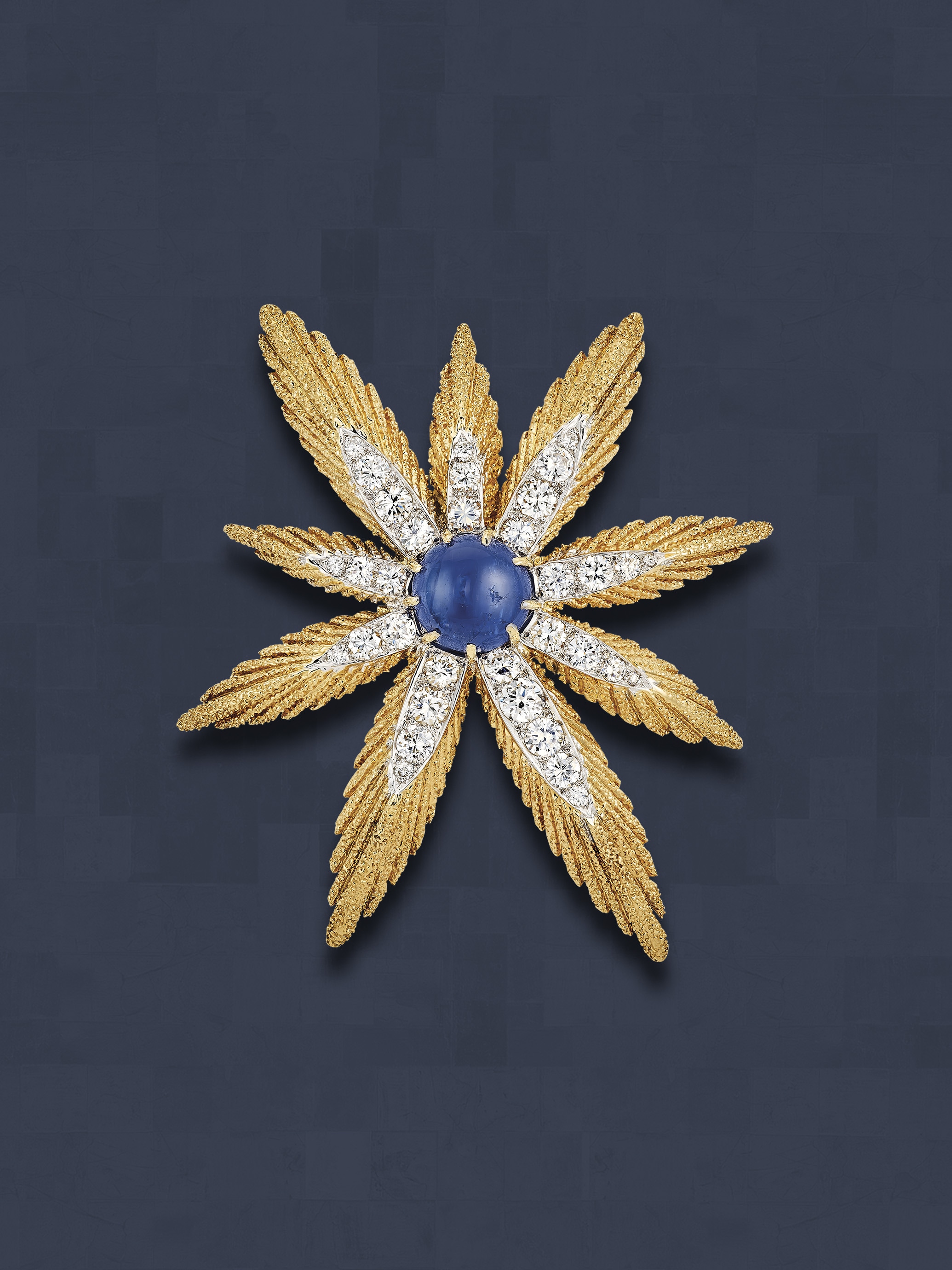 Asterisk clip, 1966-1967. Yellow gold, platinum, white gold, rose gold, sapphires, diamonds. Van Cleef & Arpels Collection.