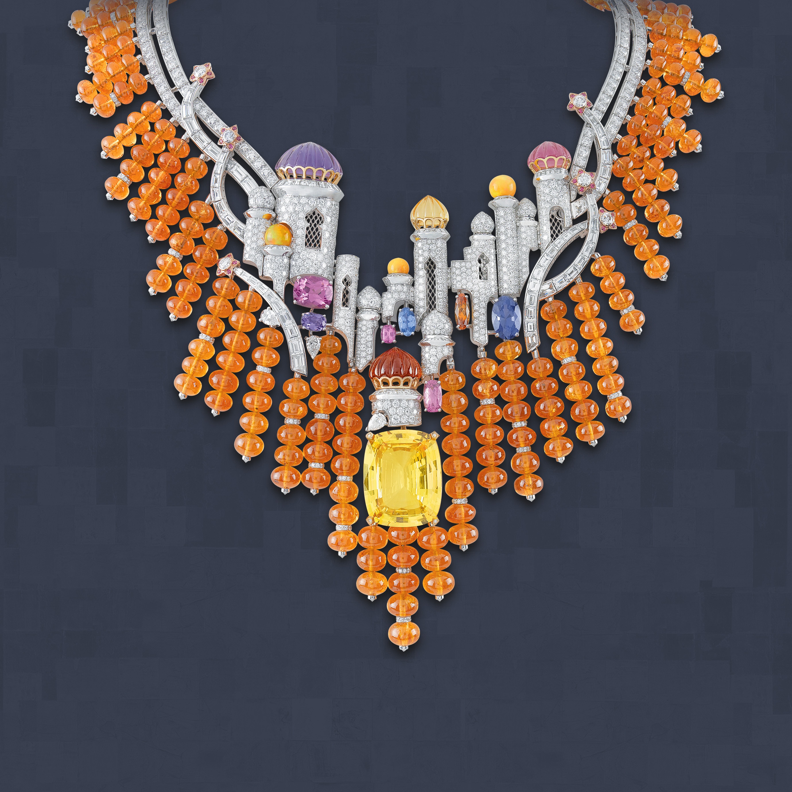 Izmir parure, 2011. Yellow gold, white gold, rose gold, yellow sapphire, amethyst, citrines, colored spinels, opals, spessartite garnets, pink tourmalines, diamonds. Bals de Légende™ High Jewelry Collection. Van Cleef & Arpels Collection.