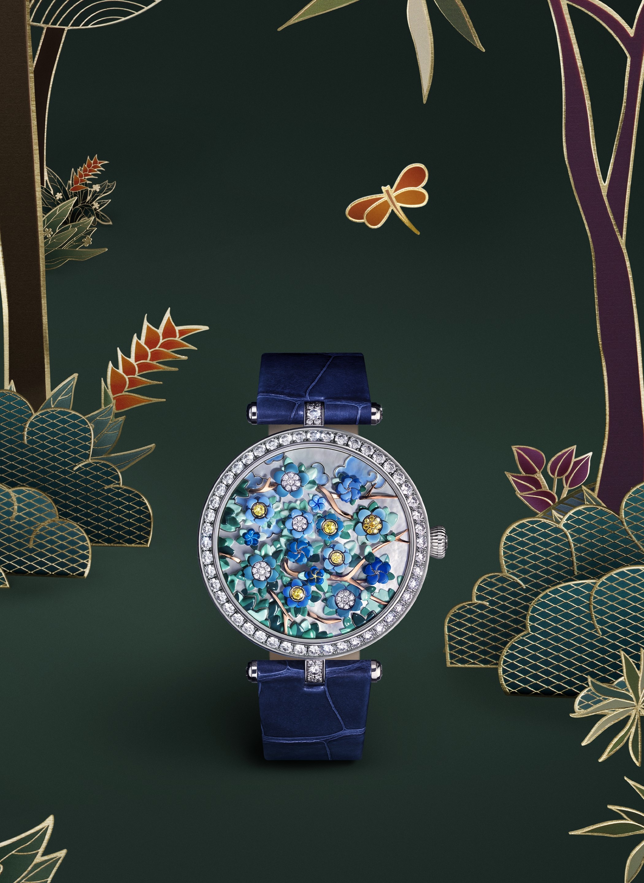 Lady Arpels Heures Florales watch, rhodium plated 18K white gold, 18K rose gold, white and yellow diamonds, white mother-of-pearl, miniature painting, self-winding mechanical movement equipped with a flower-opening module for the hours and lateral minutes display. Watch sold with two interchangeable straps and one interchangeable pin buckle set with diamonds. Poetic Complications Collection, Van Cleef & Arpels.