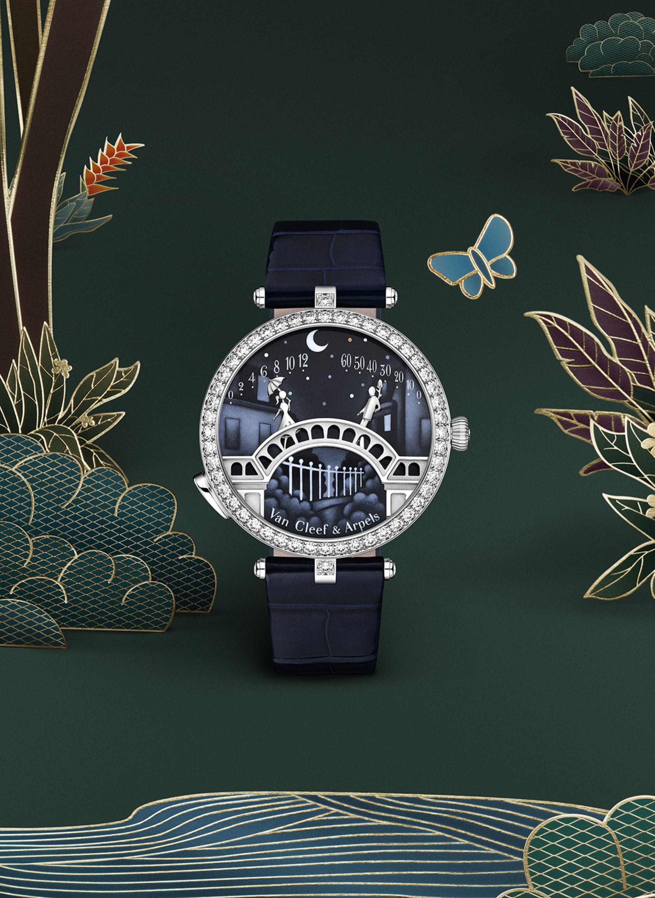 Lady Arpels Pont des Amoureux watch. Rhodium plated 18K white gold, diamonds, enamel, self-winding mechanical movement, retrograde and on-demand animation. Poetic Complications Collection, Van Cleef & Arpels.