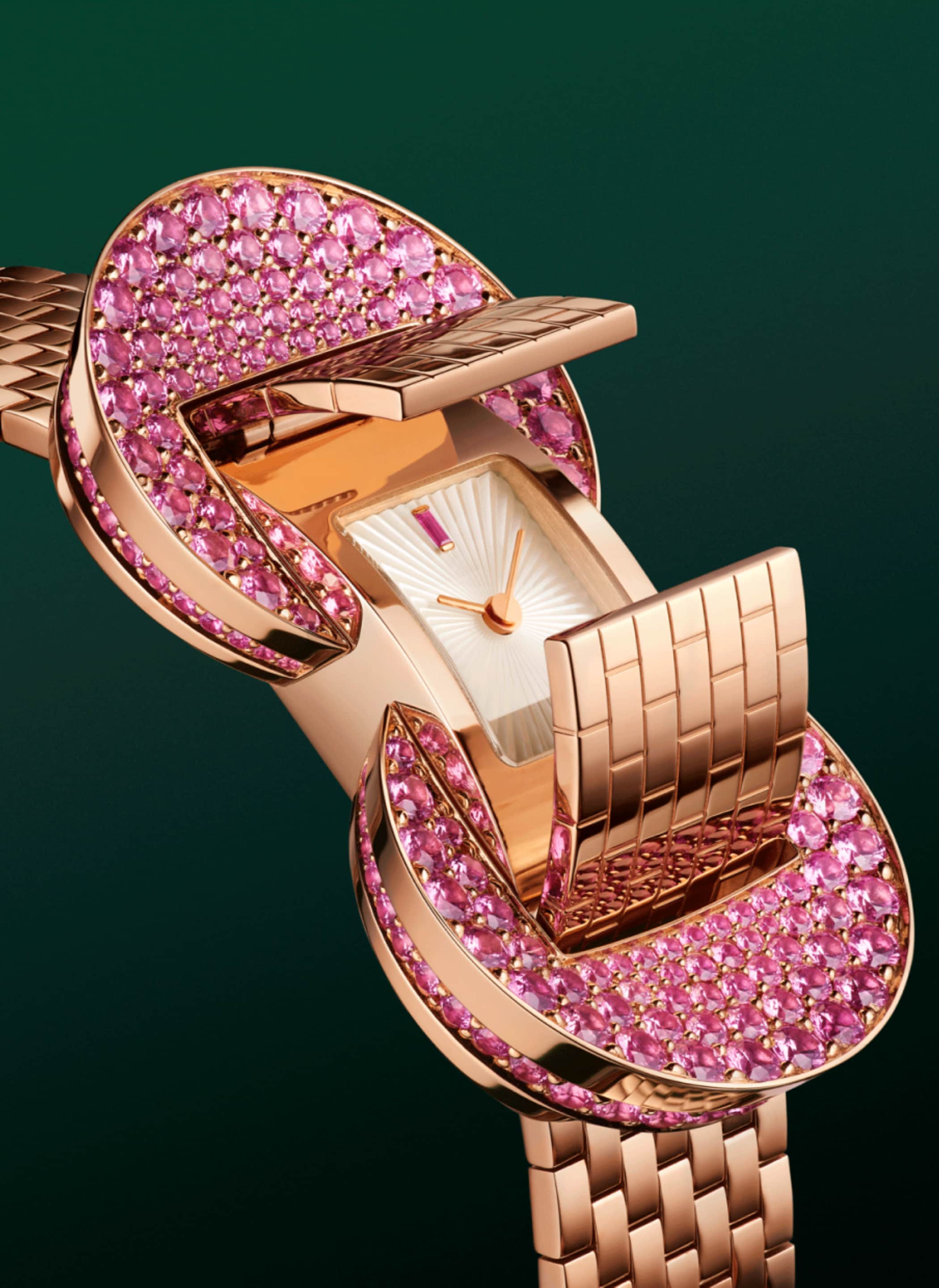 Ludo Secret watch, 18K rose gold, pink sapphires, guilloché white mother-of-pearl, Swiss quartz movement. Couture collection, Van Cleef & Arpels.
