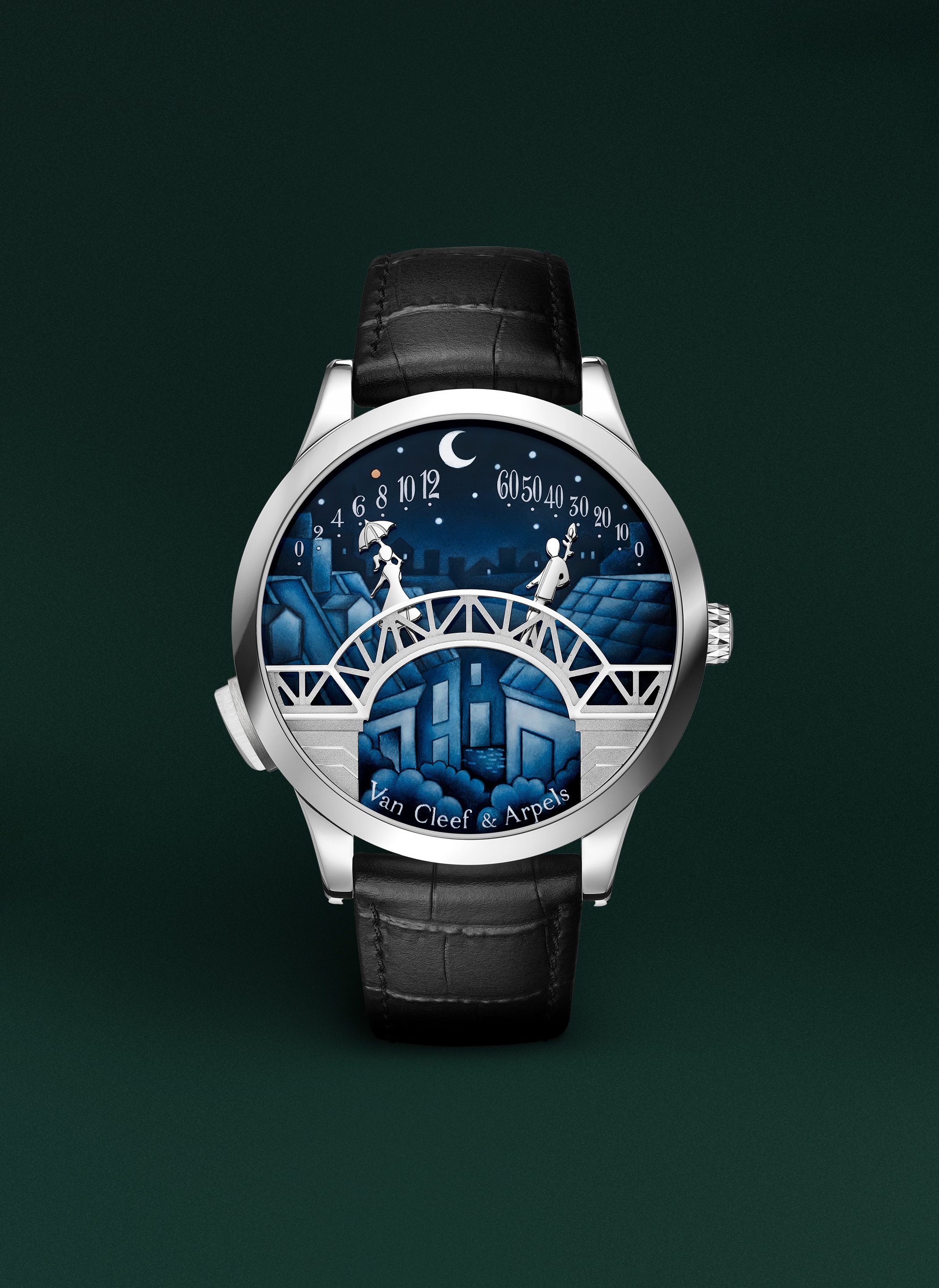 Midnight Pont des Amoureux watch, rhodium plated 18K white gold, enamel, self-winding mechanical movement, retrograde and on-demand animation. Poetic Complications Collection, Van Cleef & Arpels.