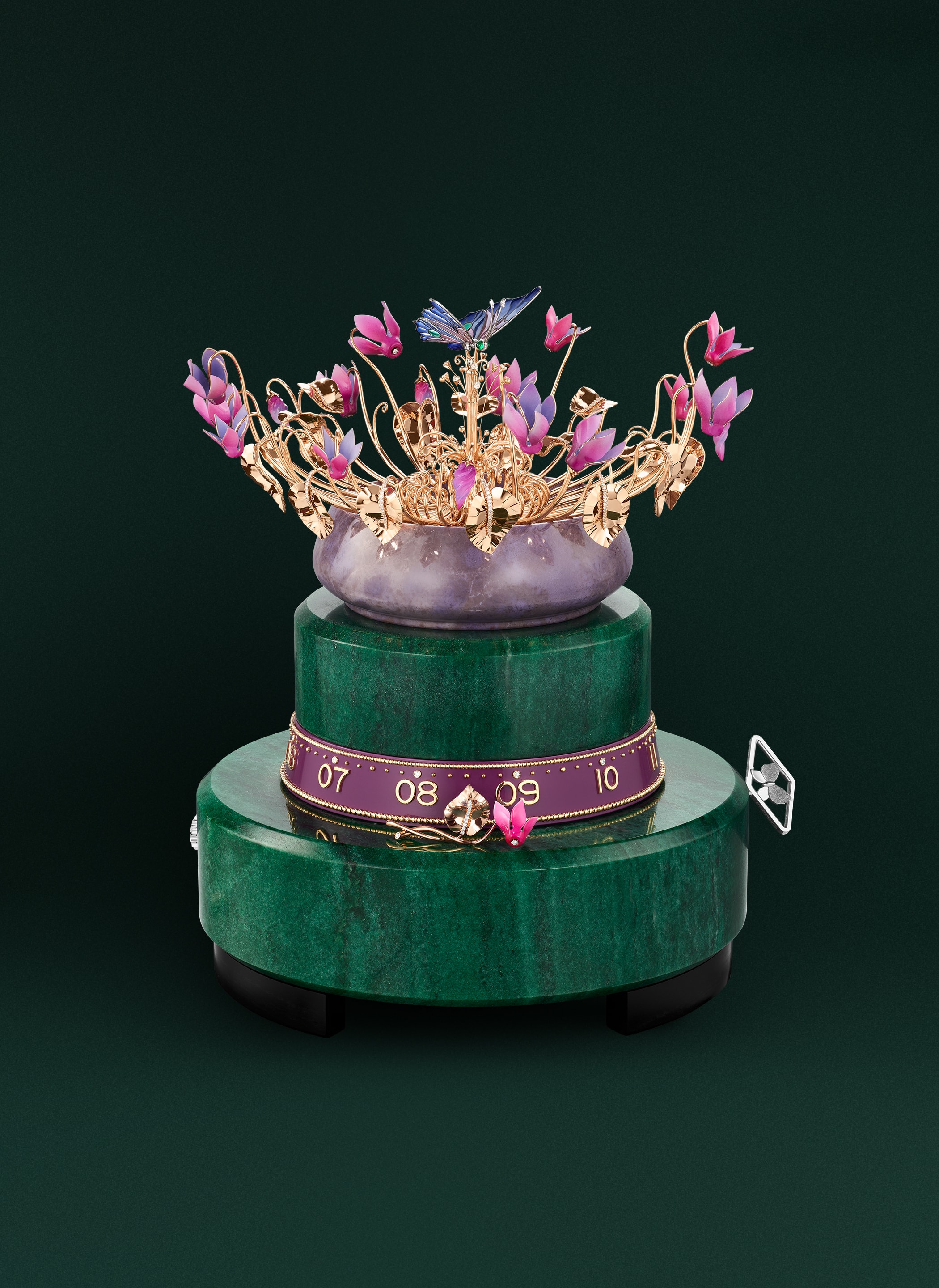 Éveil du Cyclamen automaton, 18K rose gold, 18K yellow gold, rhodium plated 18K white gold, emeralds, pink sapphire, diamonds, green aventurine, purple jade, lapis lazuli, plique-à-jour enamel, lacquer, black ebony, aluminum, steel, goat leather, automaton and mechanical movements, 12-hour function on a 360-degree rotating ring, on-demand animation and carillon. Extraordinary Objects Collection, Van Cleef & Arpels.