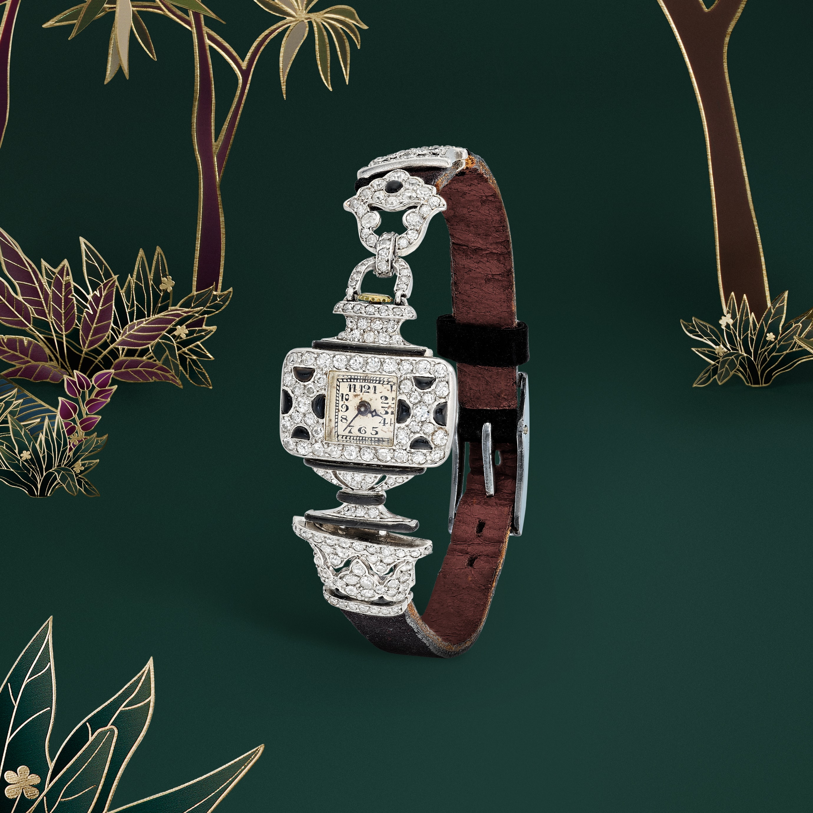 Bracelet watch, 1925. Transformable into a lapel watch. Platinum, onyx, diamonds. Van Cleef & Arpels Collection.
