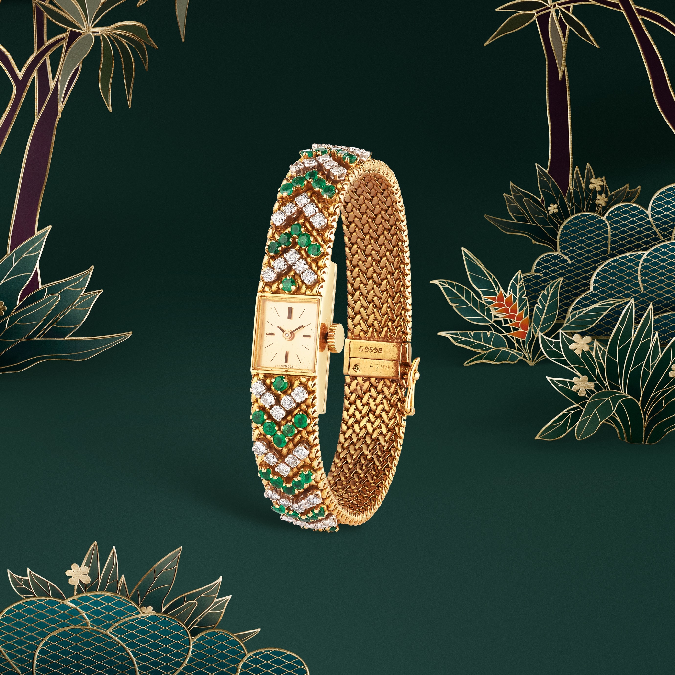 Watch, 1965. Yellow gold, platinum, emeralds, diamonds. Van Cleef & Arpels Collection.