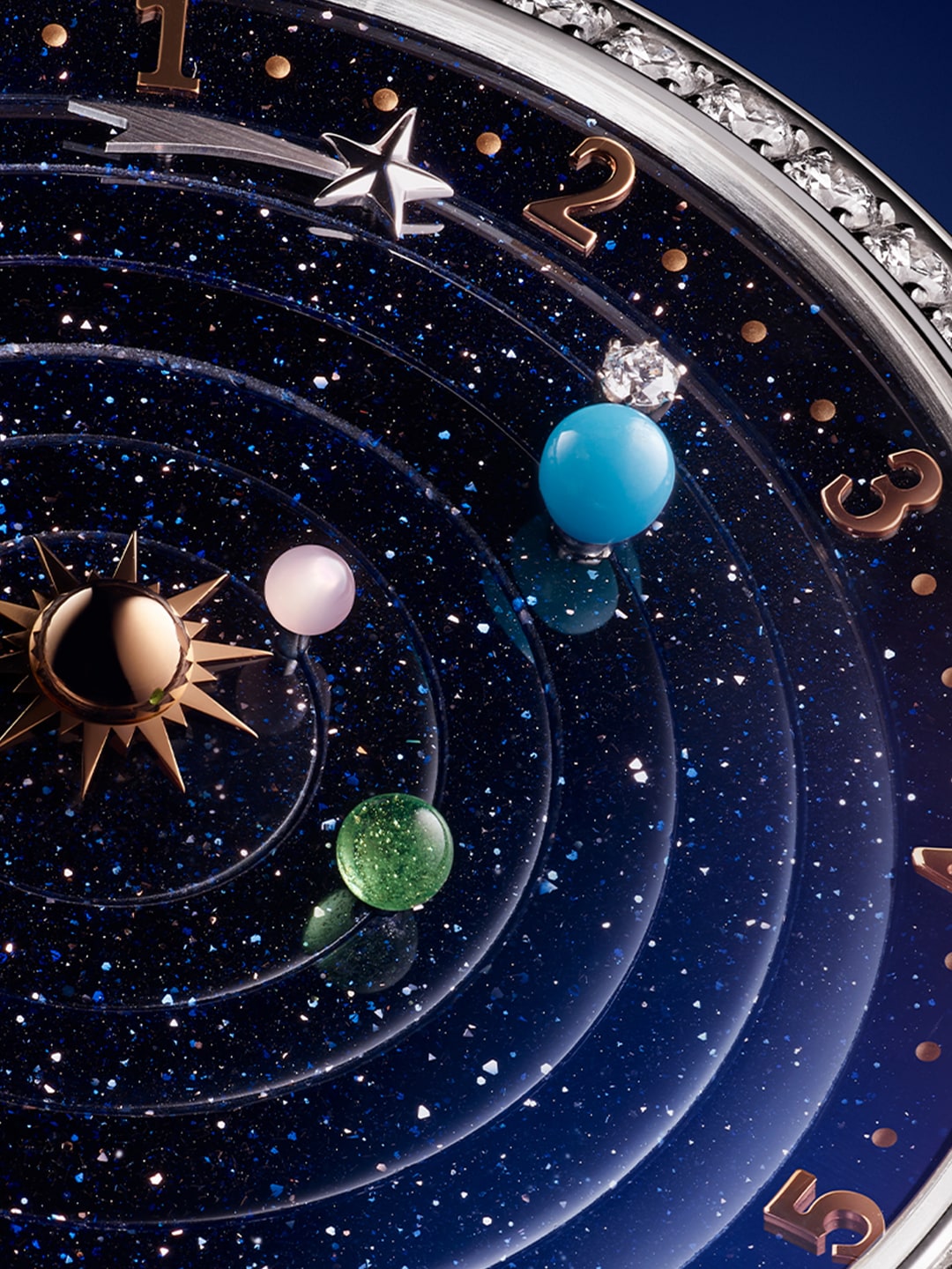 Lady Arpels Planétarium腕表。镀铑白K金，玫瑰金，钻石，砂金石，粉红色珍珠母贝，珐琅，绿松石，自动上链机械机芯，Planétarium天象仪自动机械装置。Poetic Complications®诗意复杂功能腕表系列，Van Cleef & Arpels梵克雅宝。