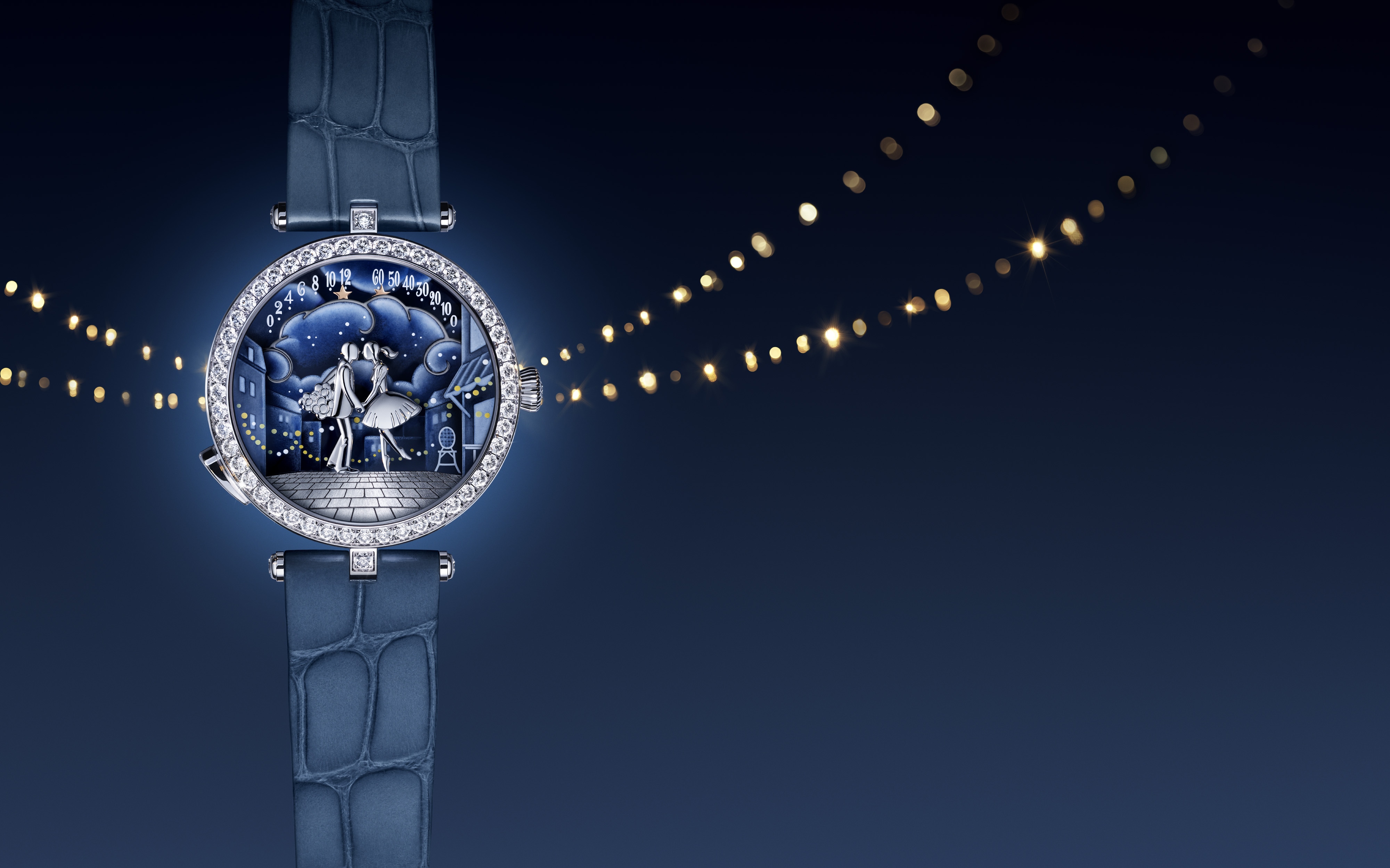 Lady Arpels Bal des Amoureux Automate腕表。镀铑白K金，钻石，珐琅。自动上链机械机芯，配备逆跳功能、自动机械装置及按需动画模块。Poetic Complications®诗意复杂功能腕表系列，Van Cleef & Arpels梵克雅宝。