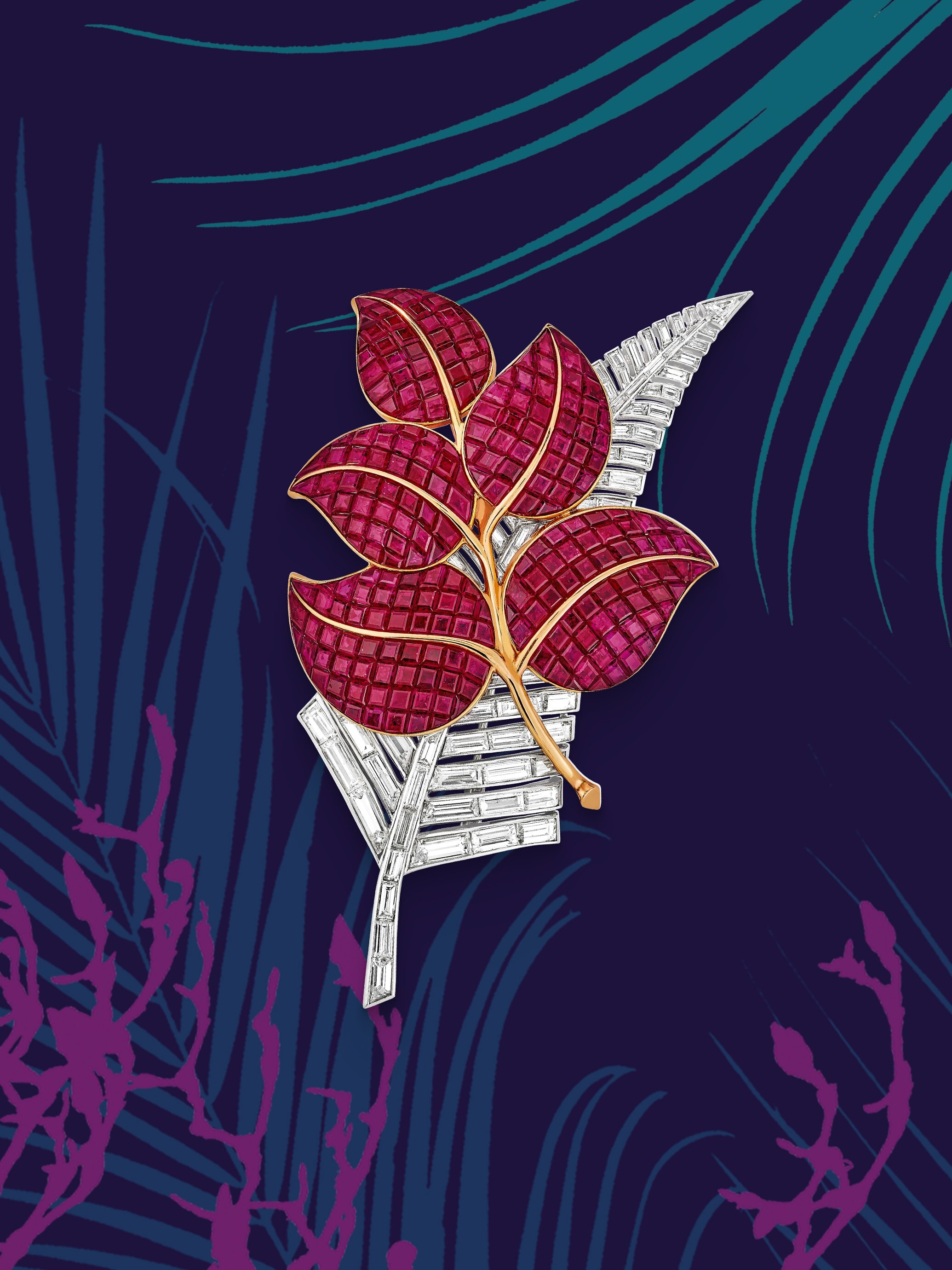 Flower胸针,1936年。黄K金,白K金,铂金,隐密式镶嵌红宝石,钻石。Van Cleef & Arpels梵克雅宝典藏。