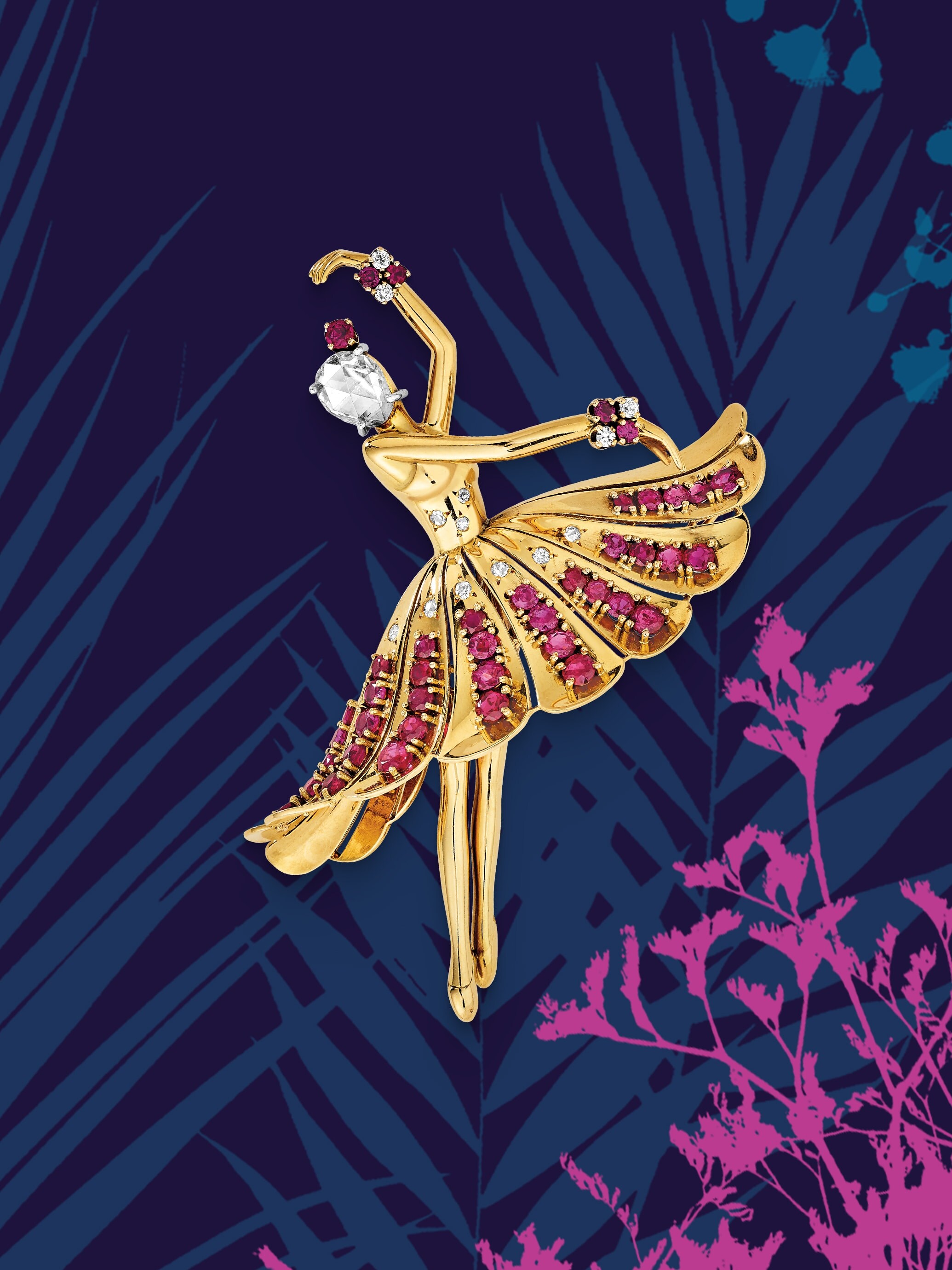 Dancer胸针,1942年。黄K金,白K金,红宝石,钻石。Van Cleef & Arpels梵克雅宝典藏系列。