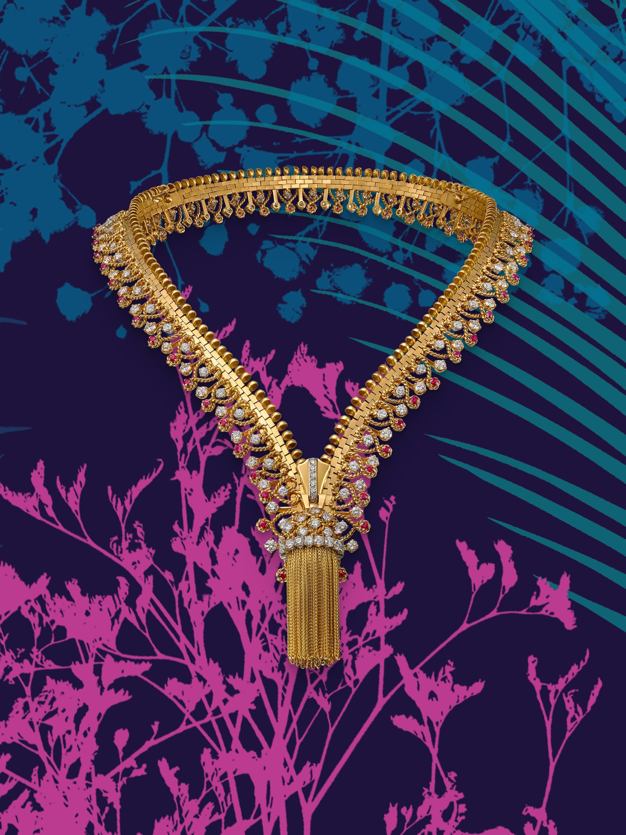 Zip项链,1951年。可转换为手链。黄K金,玫瑰金,红宝石,钻石。Van Cleef & Arpels梵克雅宝典藏系列。