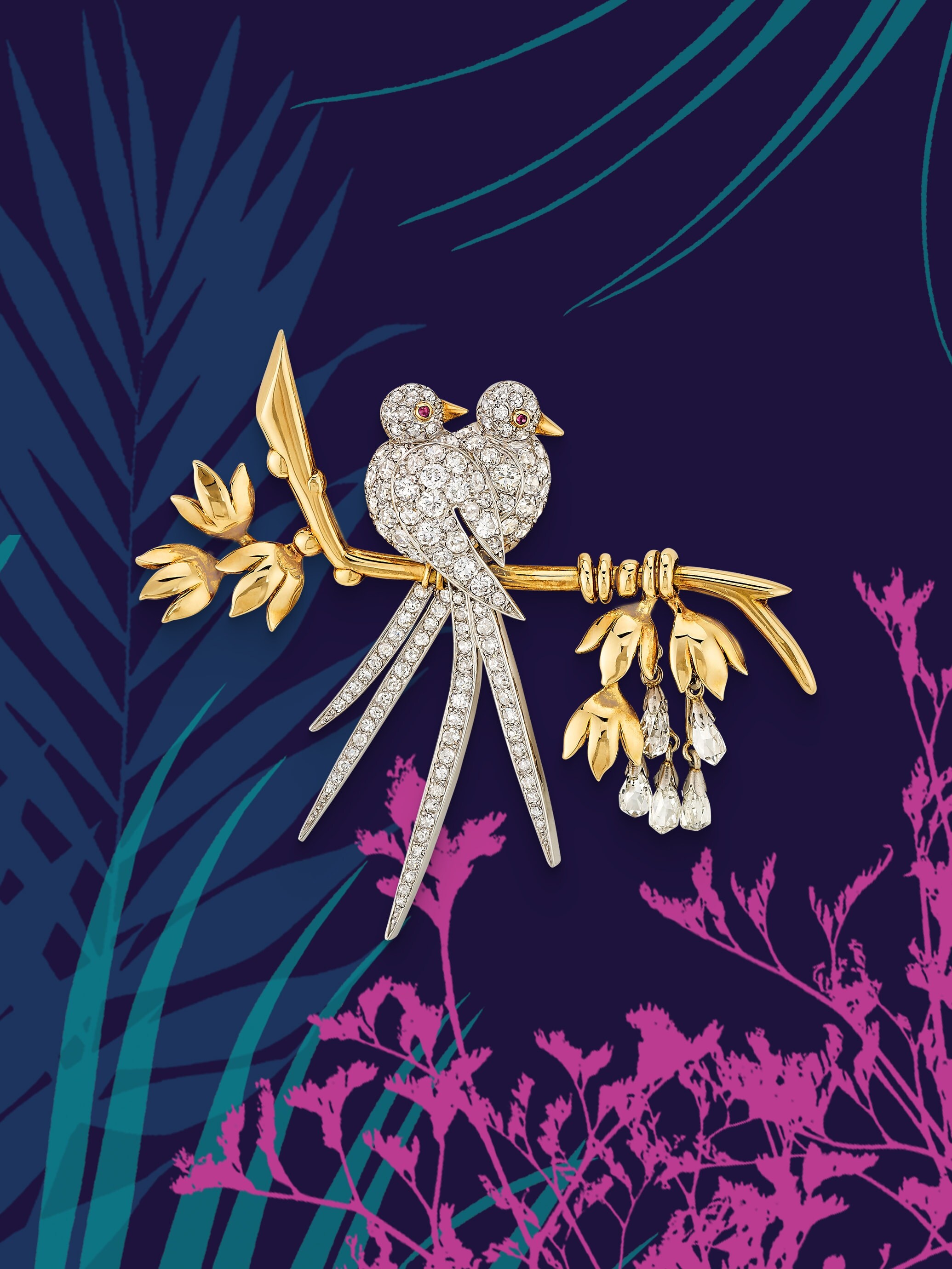 Lovebirds胸针,1945年。铂金,黄K金,红宝石,钻石。Van Cleef & Arpels梵克雅宝典藏系列。