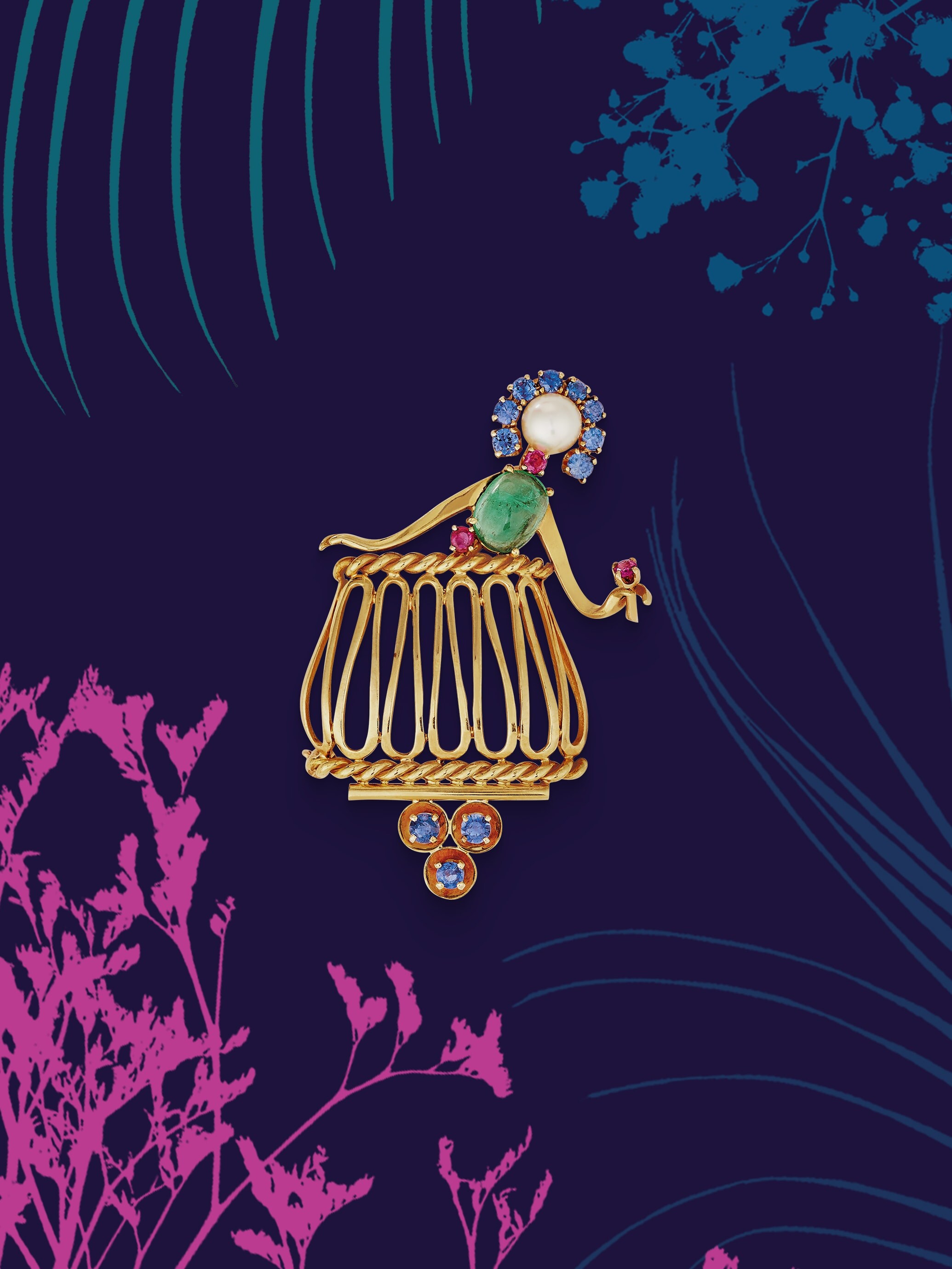 Juliet胸针,约1951年。黄K金,祖母绿,红宝石,蓝宝石,白色养殖珍珠。Van Cleef & Arpels梵克雅宝典藏系列。