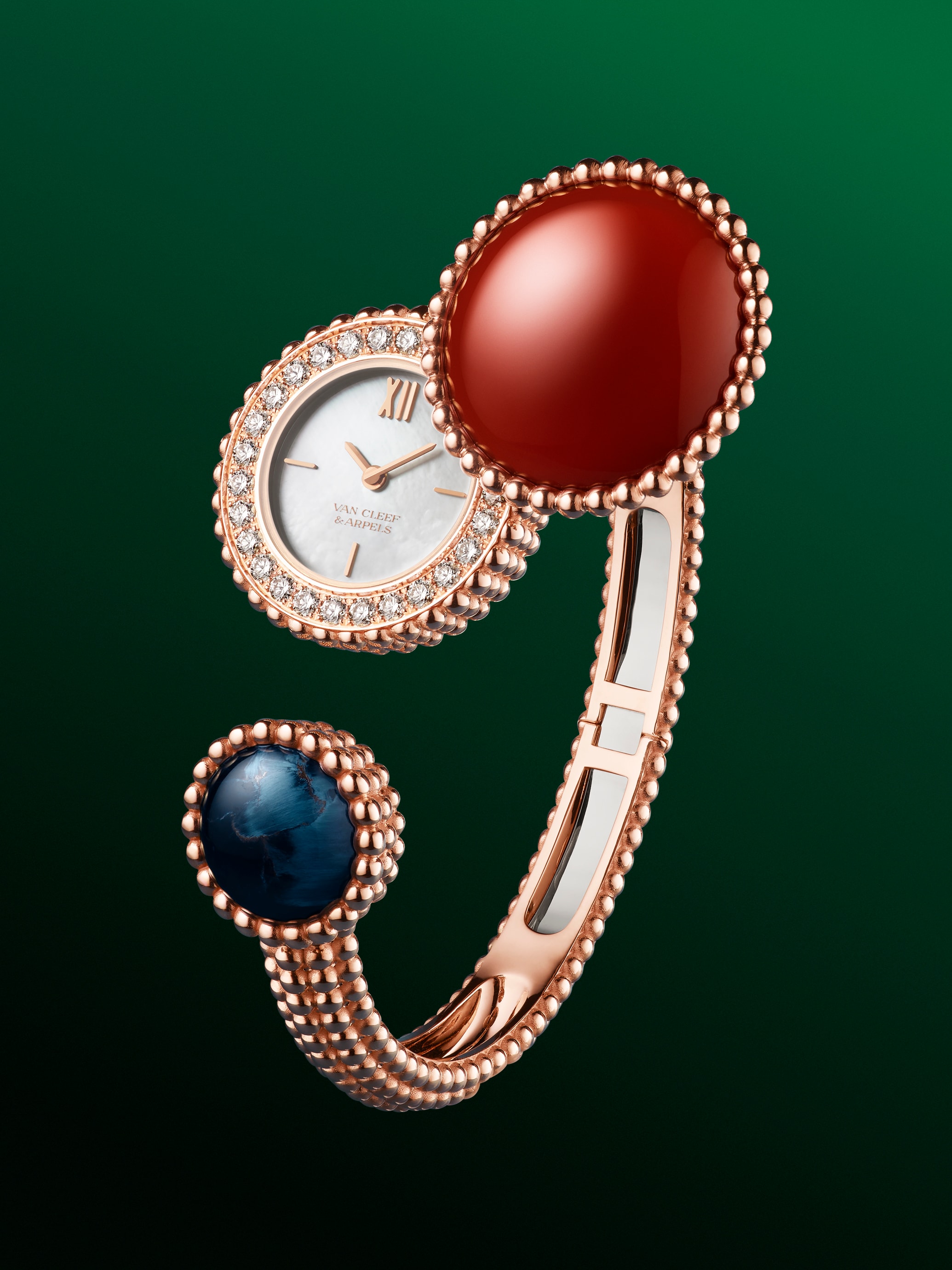 Secret Perlée watch, rose gold 18K, cornaline, lapis-lazuli and diamonds. Van Cleef & Arpels.