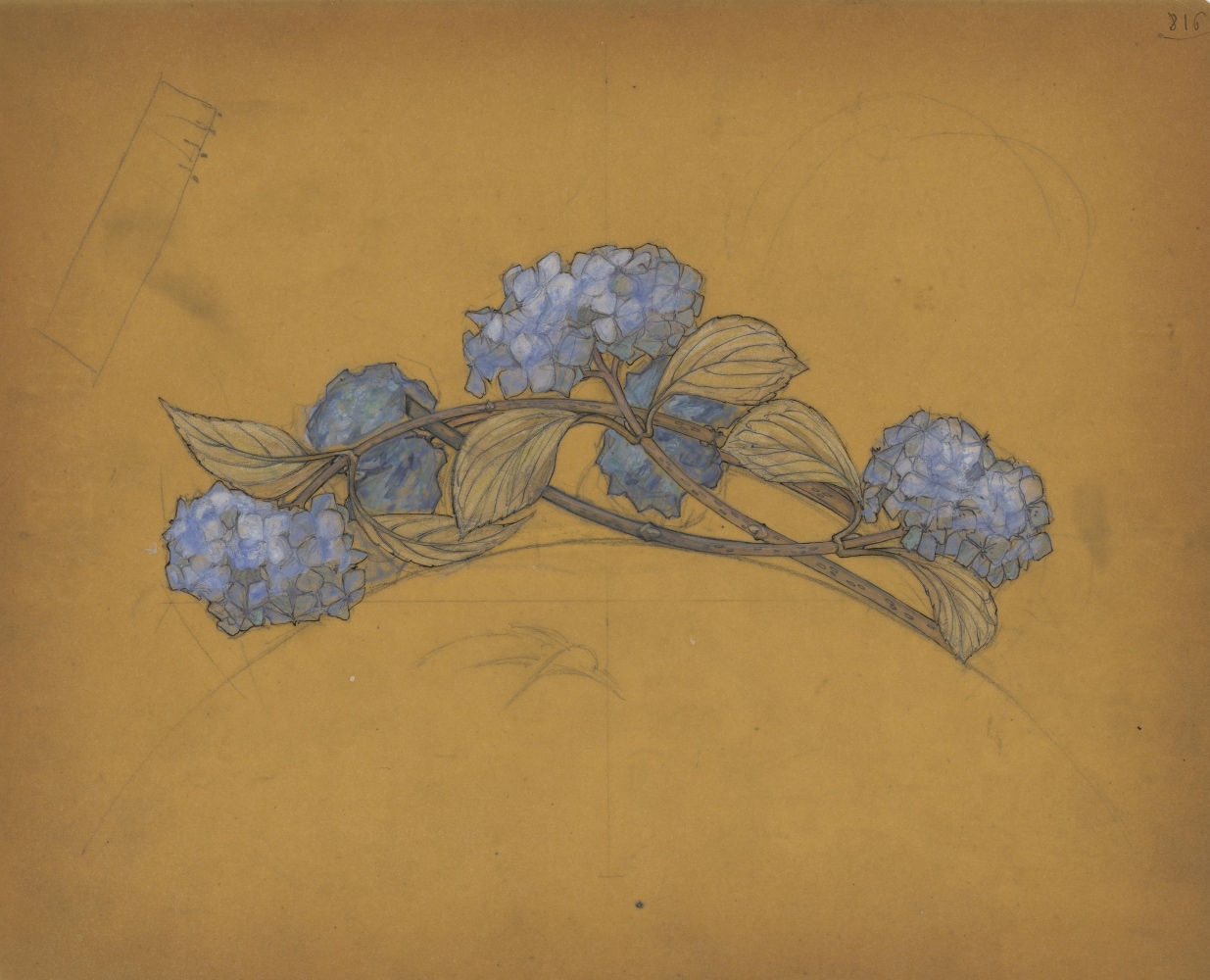 René Lalique（1860-1945年） “Hydrangeas flower”王冠画稿，约1900年 草纸面铅笔、墨水和水粉画 Van Cleef & Arpels梵克雅宝珠宝文化基金