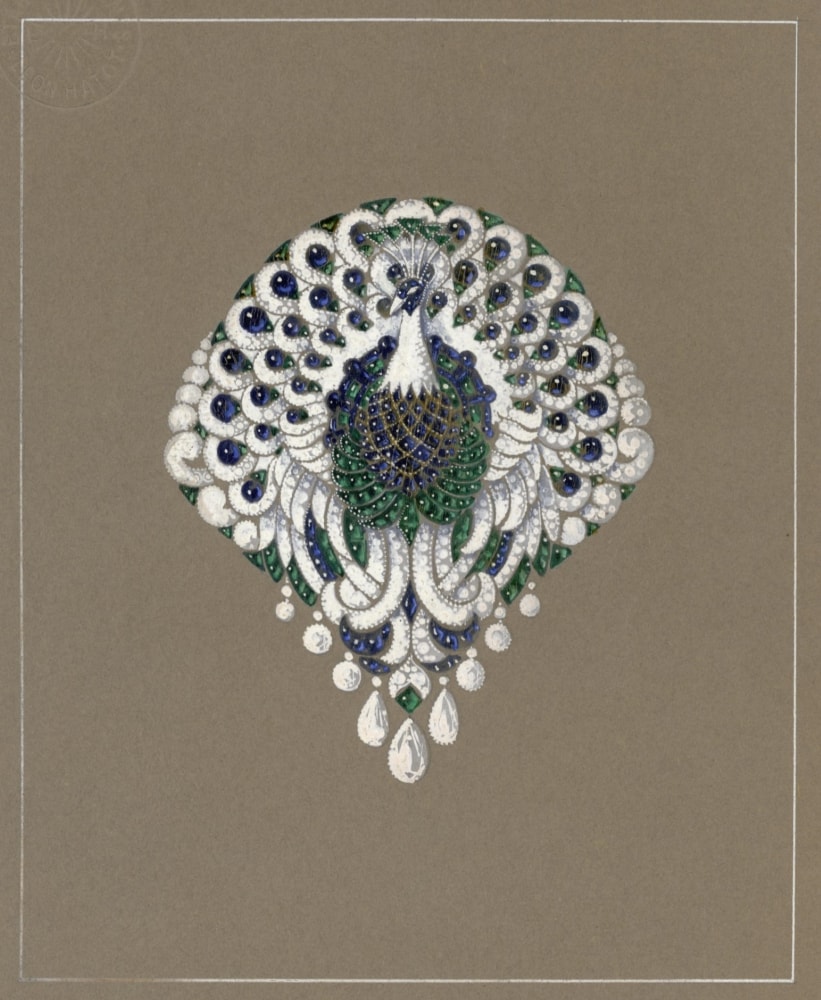 雷恩·哈托 (1883年-1953年) “孔雀”胸针手绘图 纸板上铅笔与水粉 约1920年