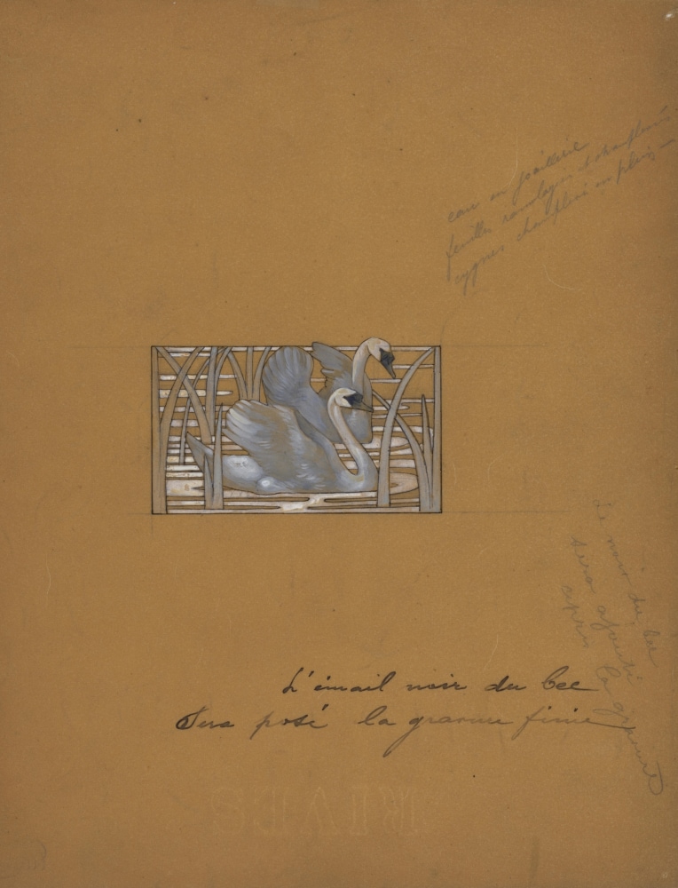 荷内·莱俪(1860年-1945年) “两只天鹅”颈链饰牌手绘图 铅笔、墨与水粉，BFK - Rives植物纤维纸 约1900年