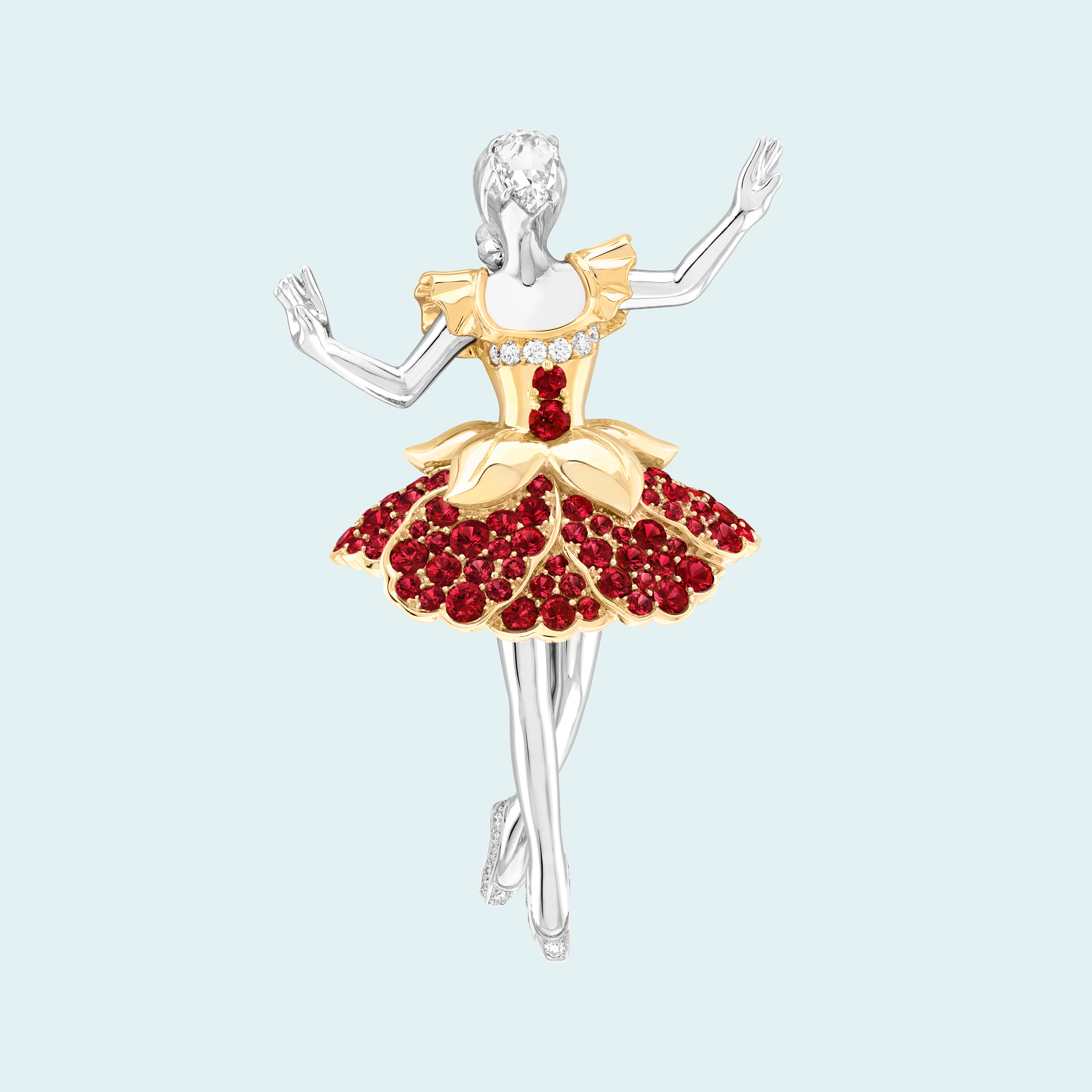 Spectre de la rose ballerina clip. 18K white gold, 18K yellow gold, rose gold, rubies, diamonds. Ballet Précieux collection, Van Cleef & Arpels.